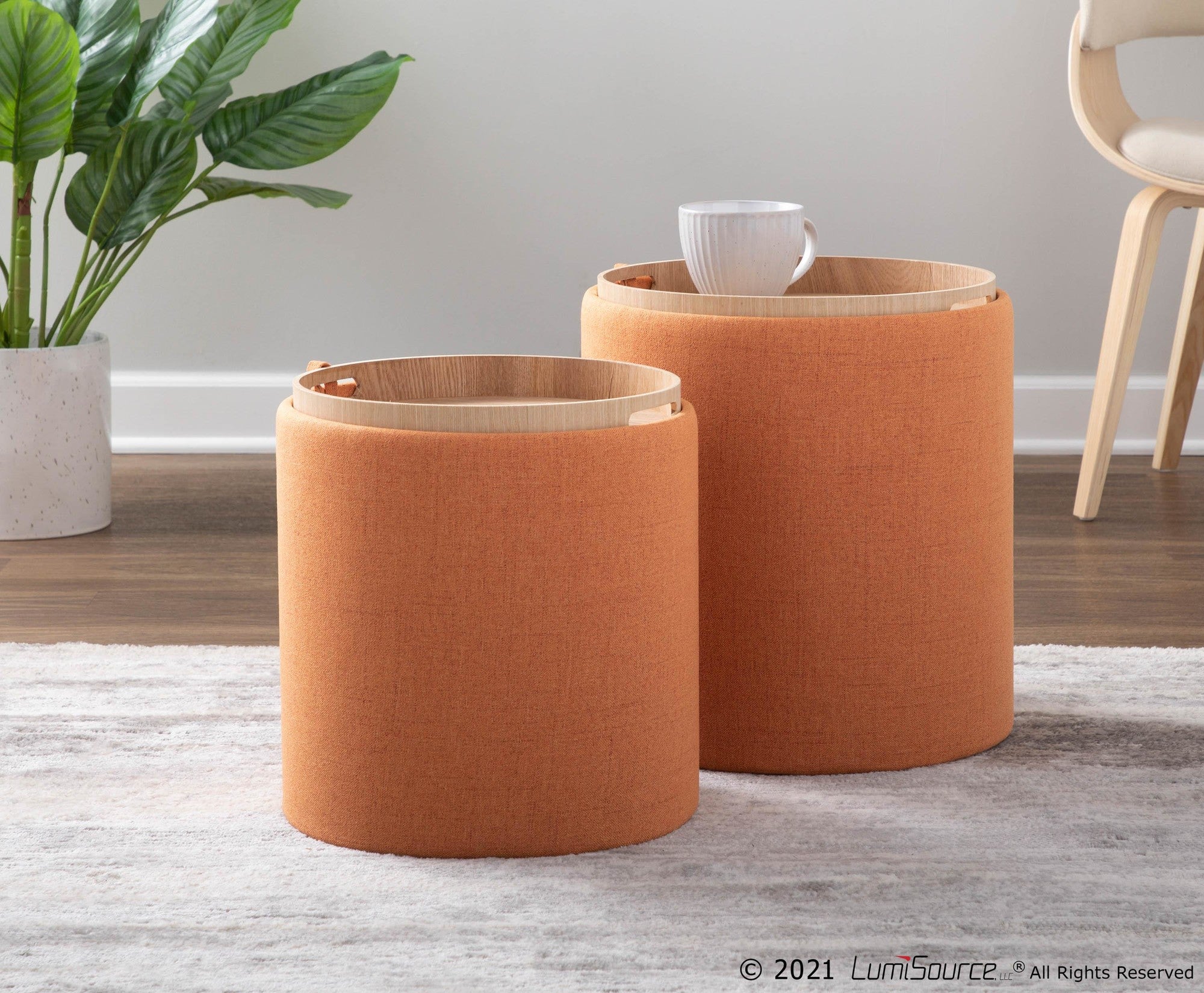 Tray Nesting Ottoman Set - Orange Fabric, Natural Wood