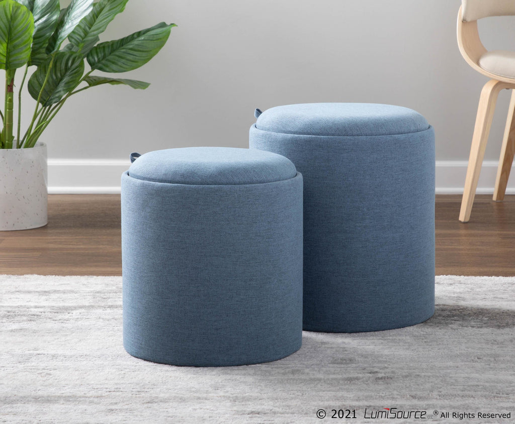 Tray Nesting Ottoman Set - Blue Fabric, Natural Wood