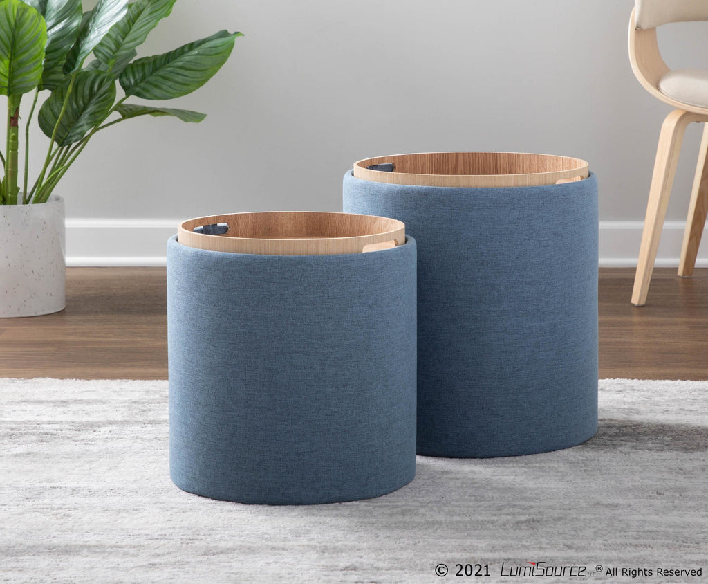 Tray Nesting Ottoman Set - Blue Fabric, Natural Wood