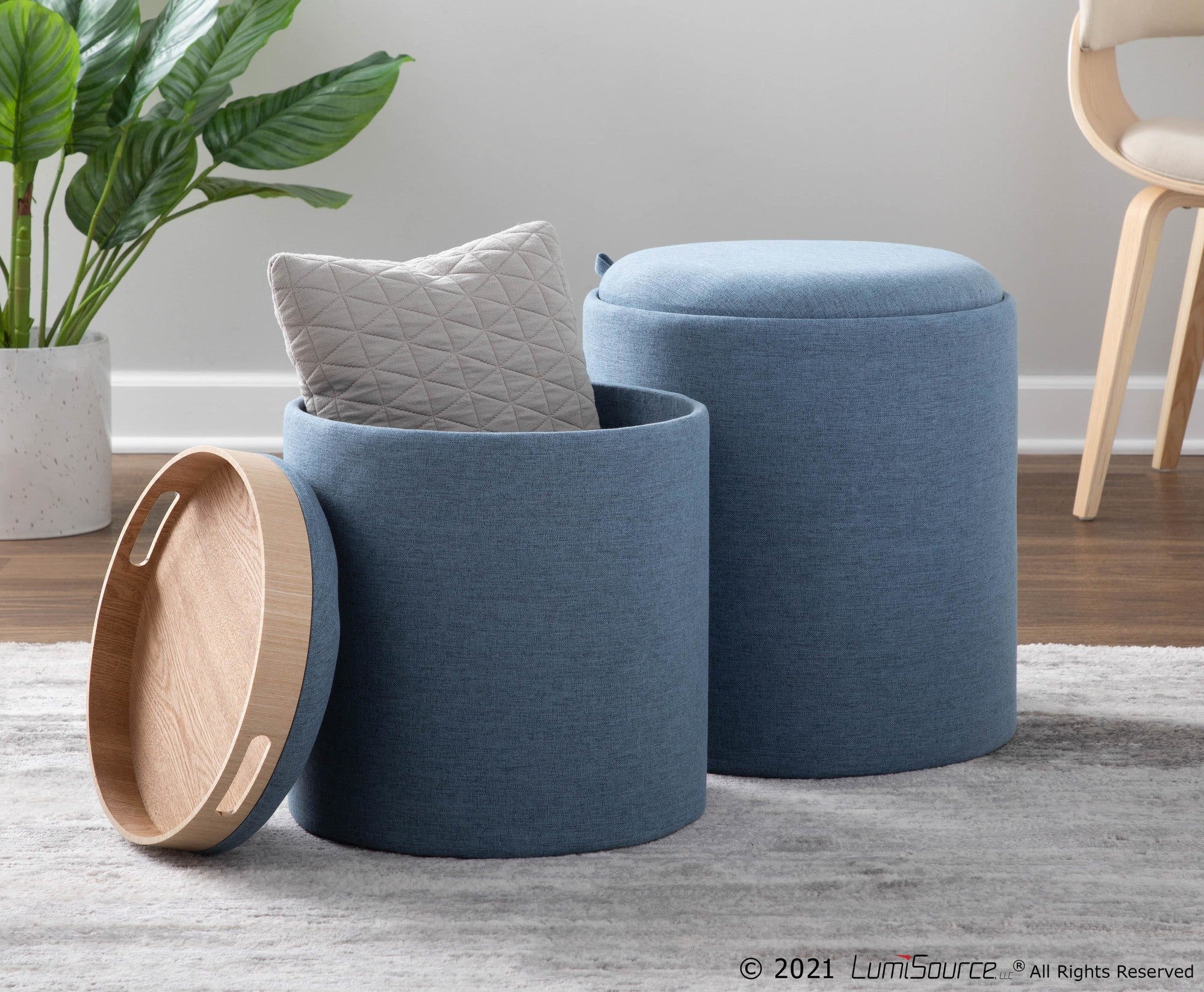 Tray Nesting Ottoman Set - Blue Fabric, Natural Wood