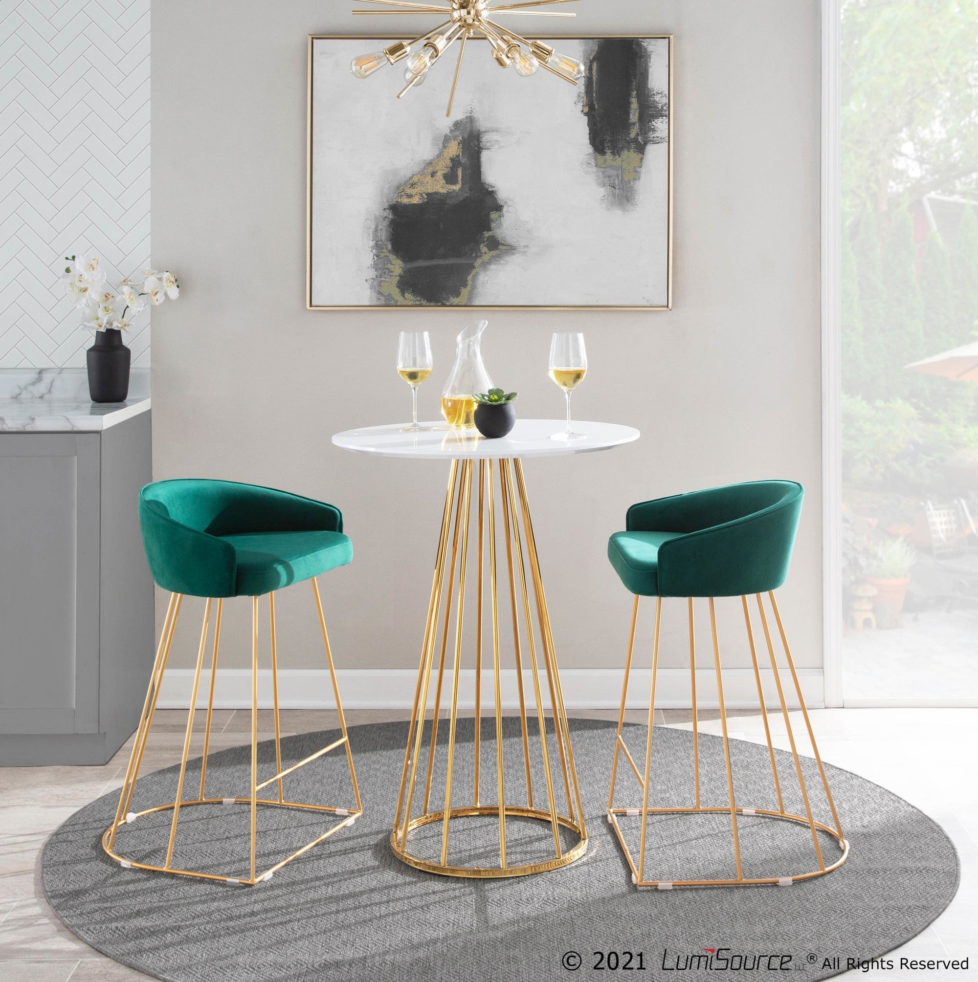 Canary Counter Stool - Set of 2 - Gold Metal, Green Velvet