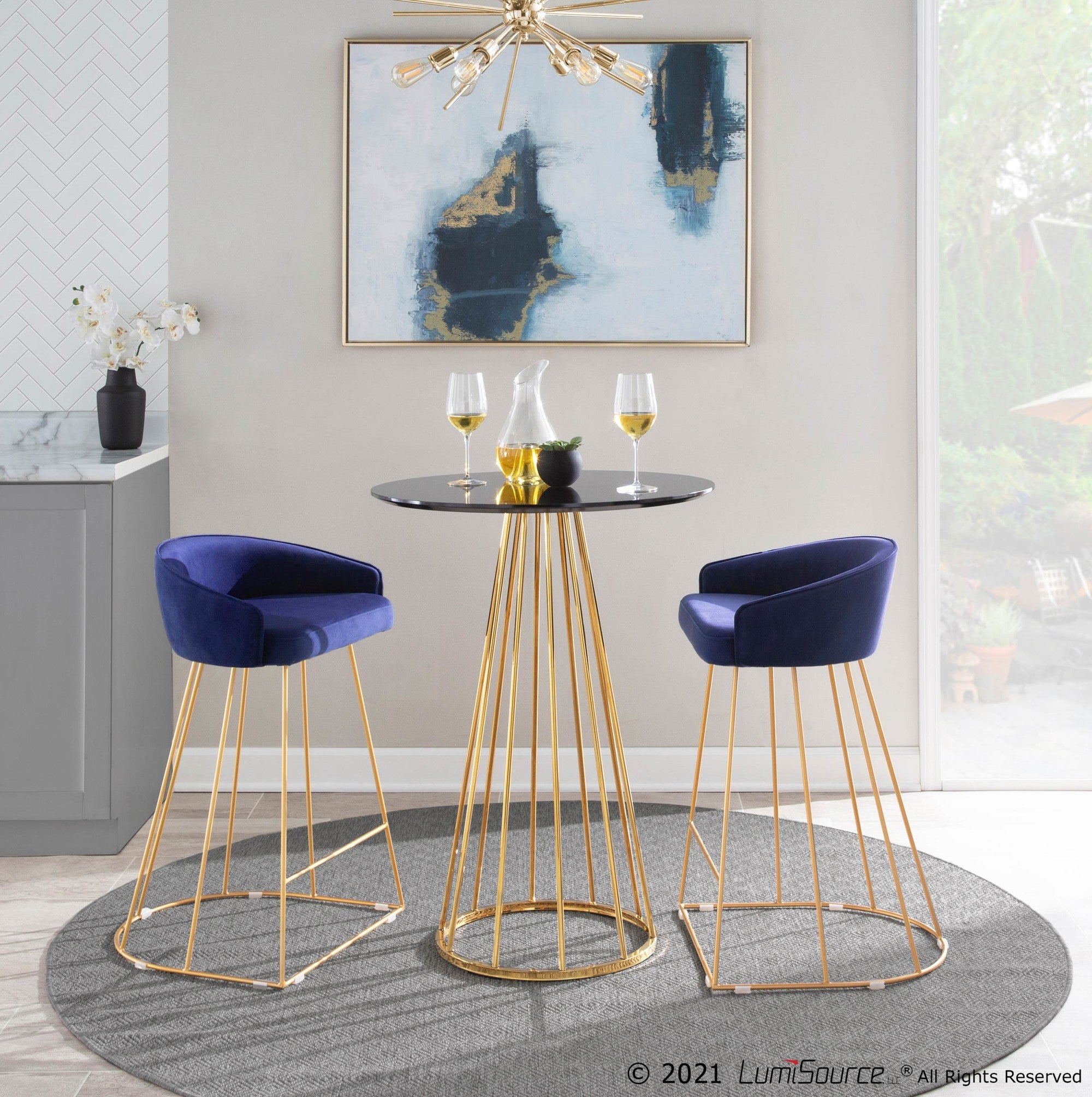 Canary Counter Stool - Set of 2 - Gold Metal, Blue Velvet