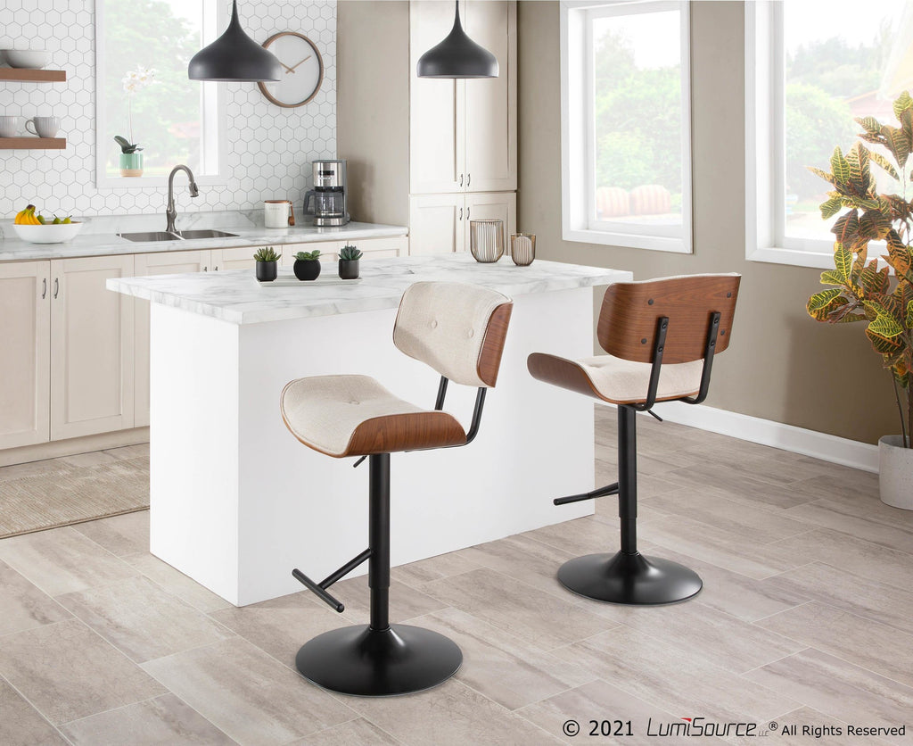 Lombardi Adjustable Barstool - Set of 3 - Black Metal, Walnut Wood, Cream PU