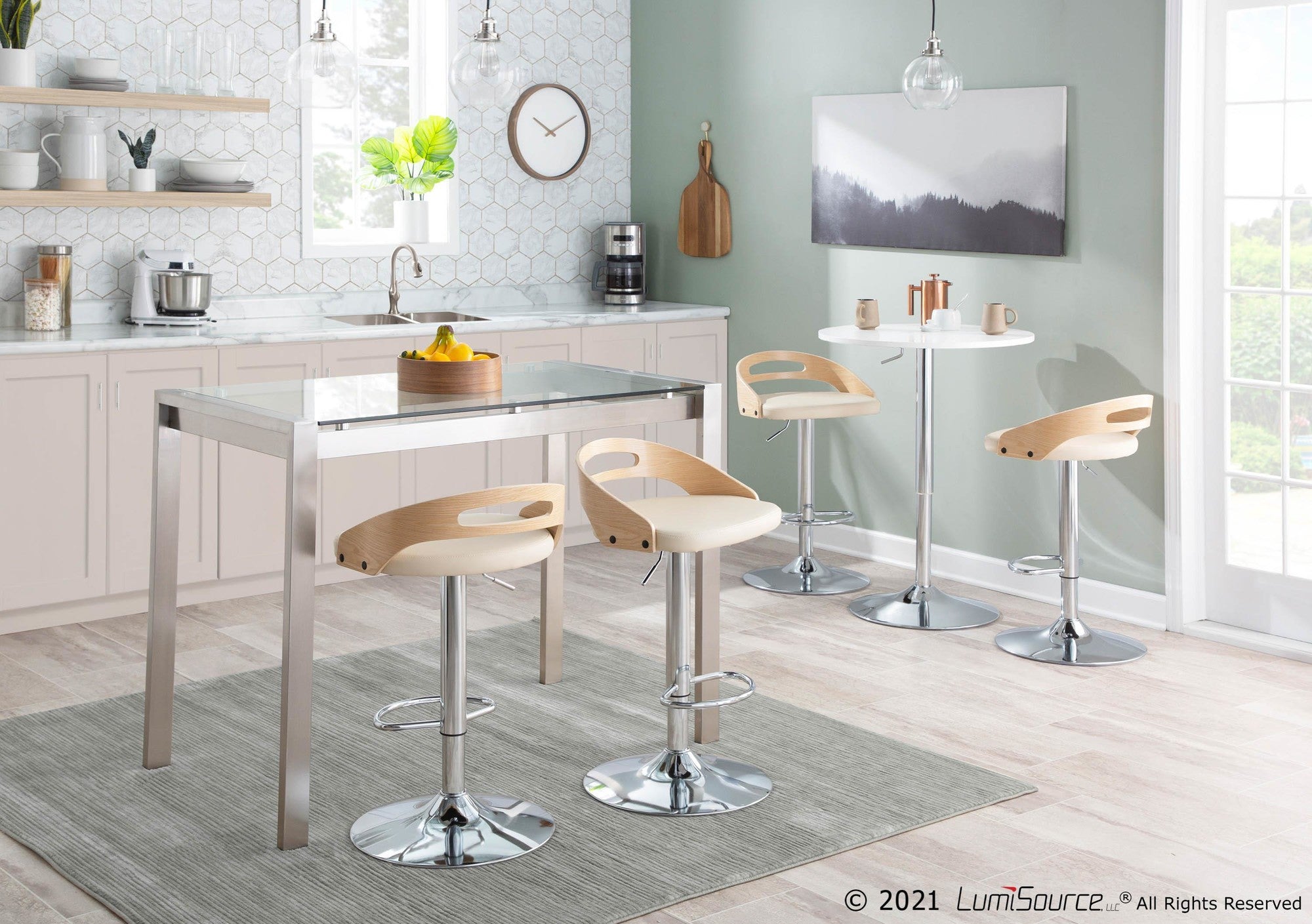 Adjustable Bar Table - Chrome, White Wood