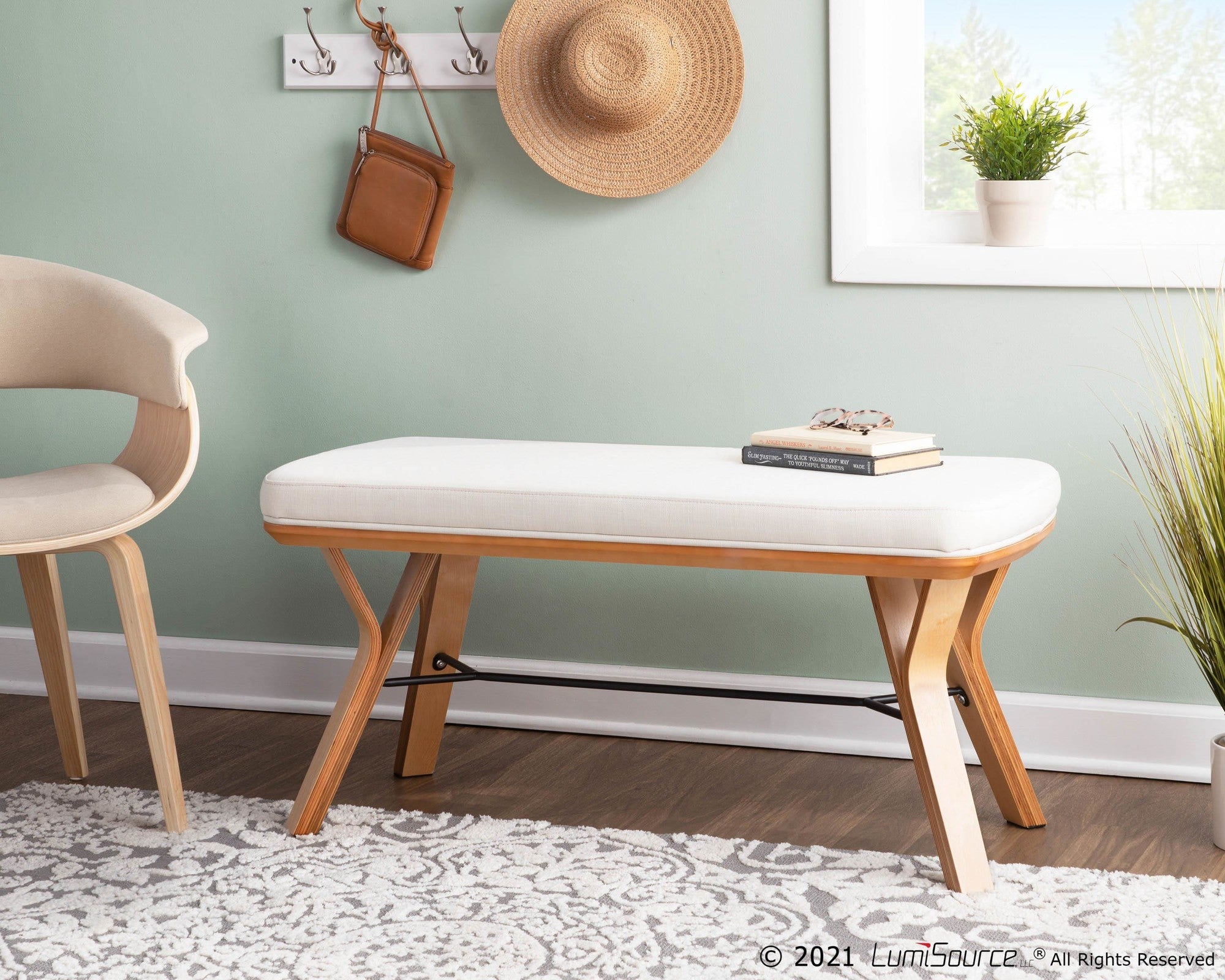 Folia Bench - Natural Wood, Cream Fabric