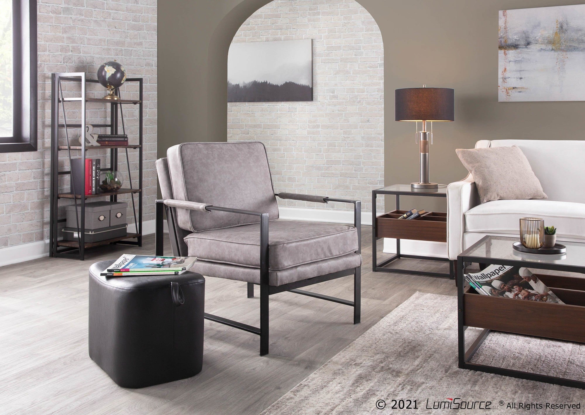Display Coffee Table - Black Steel, Walnut Wood, Clear Glass