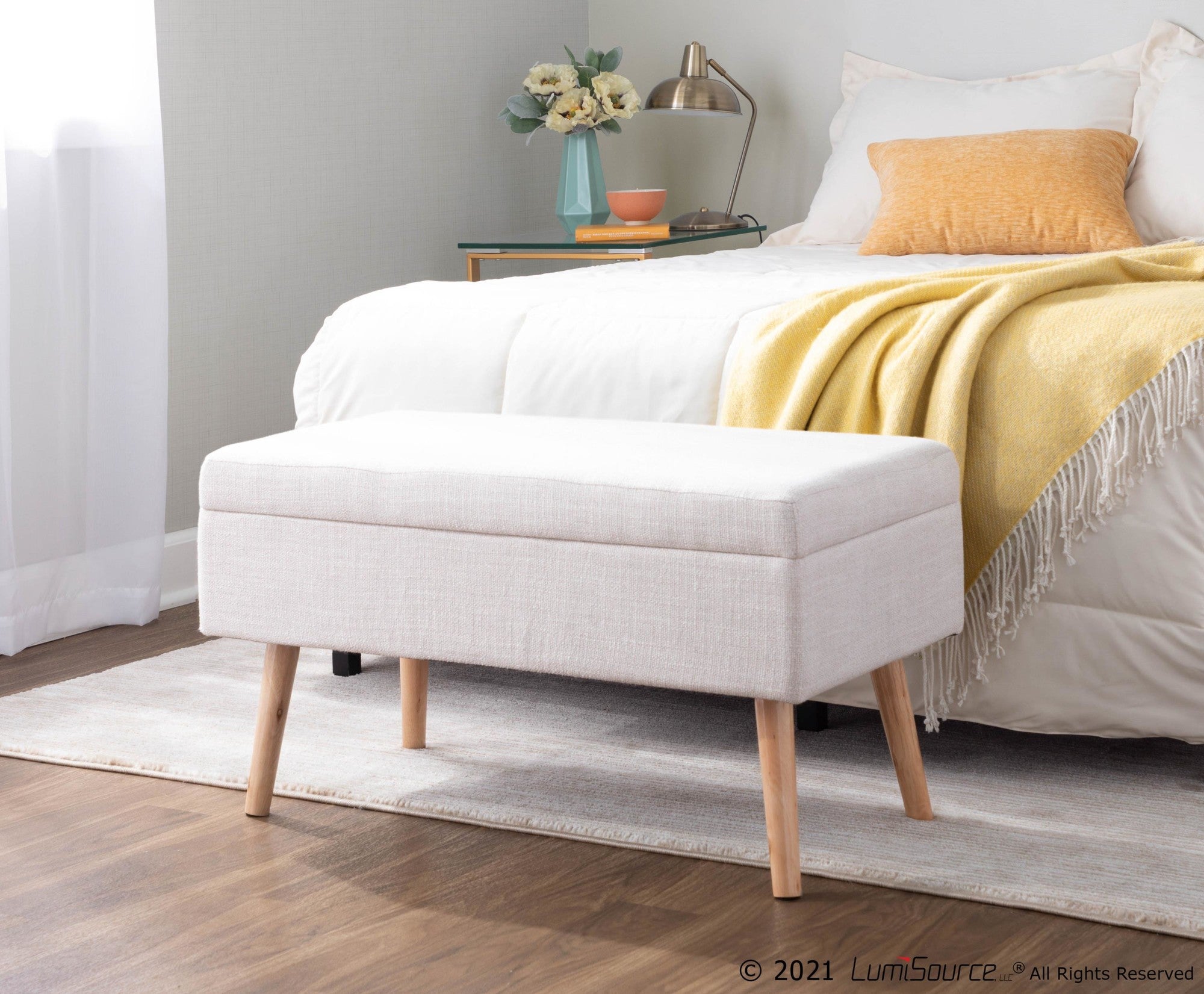 Storage Bench - Natural Wood, Beige Fabric