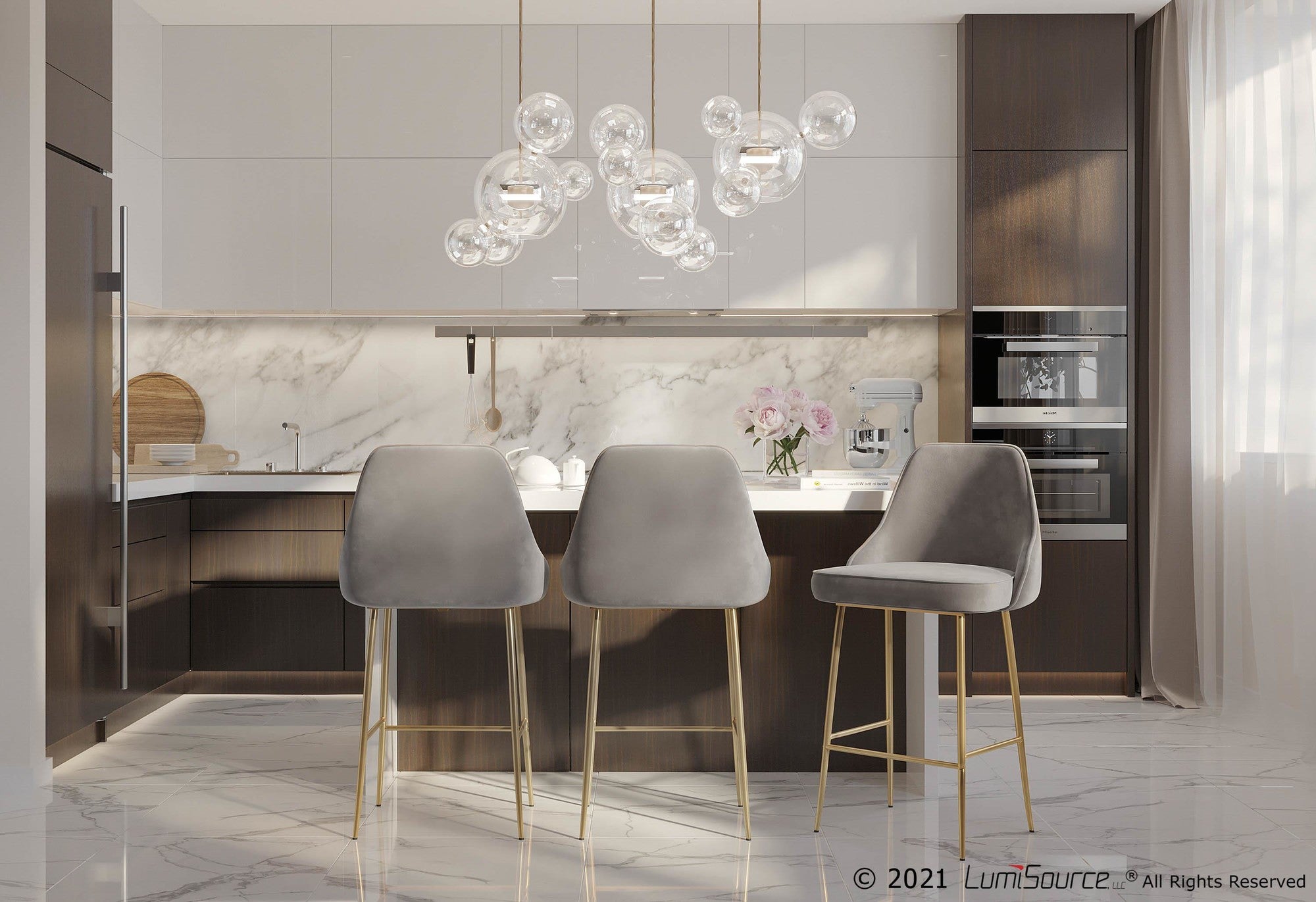 Marcel 25" Fixed-Height Counter Stool - Set of 2 - Gold Metal, Silver Velvet
