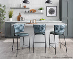 Braided Tania 24" Fixed-Height Counter Stool - Set of 2 - Black Metal, Green PU, Sea Green Fabric