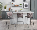 Braided Tania 24" Fixed-Height Counter Stool - Set of 2 - Black Metal, Grey PU, Light Brown Fabric