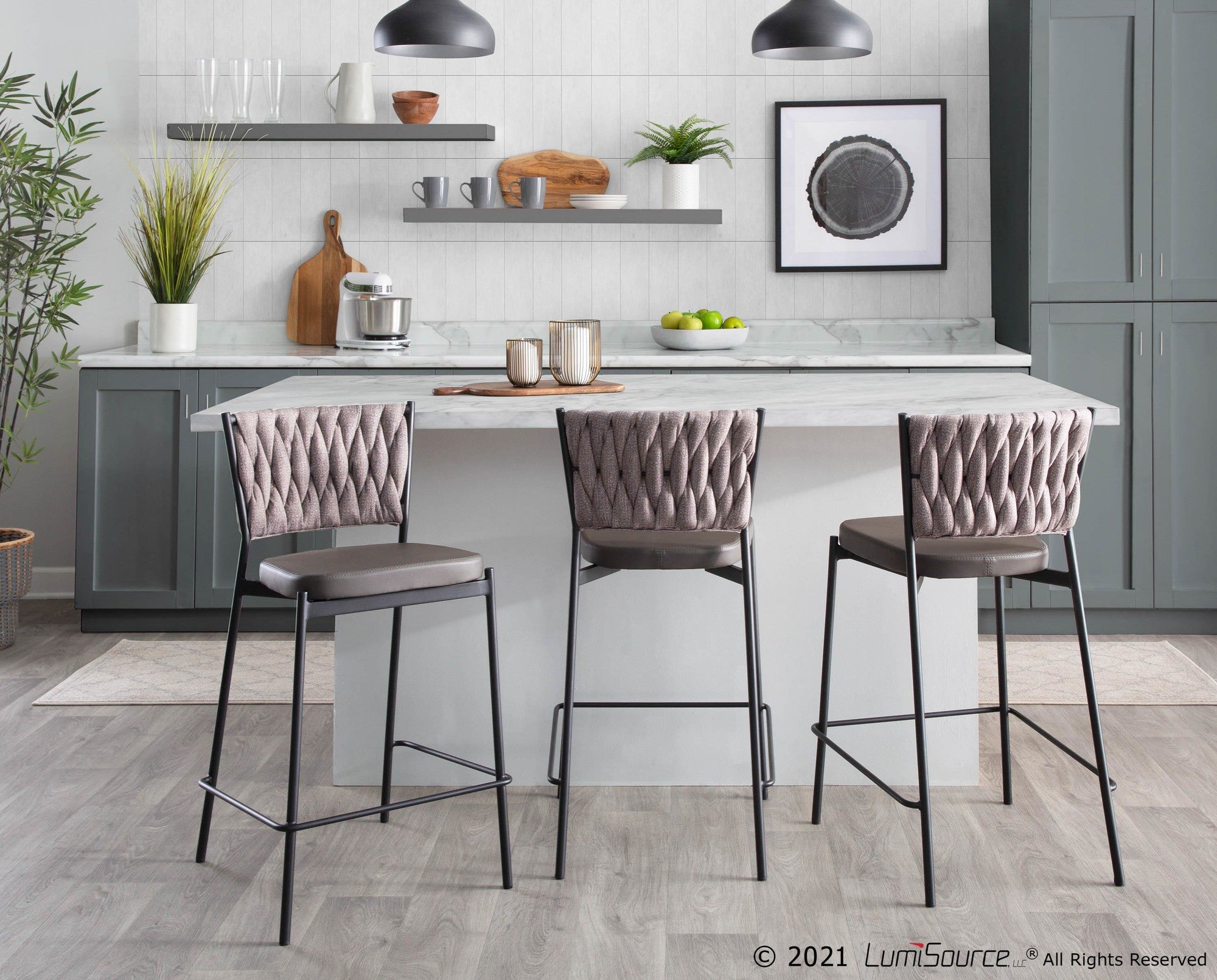Braided Tania 24" Fixed-Height Counter Stool - Set of 2 - Black Metal, Grey PU, Light Brown Fabric