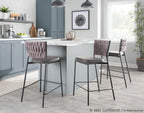 Braided Tania 24" Fixed-Height Counter Stool - Set of 2 - Black Metal, Grey PU, Light Brown Fabric