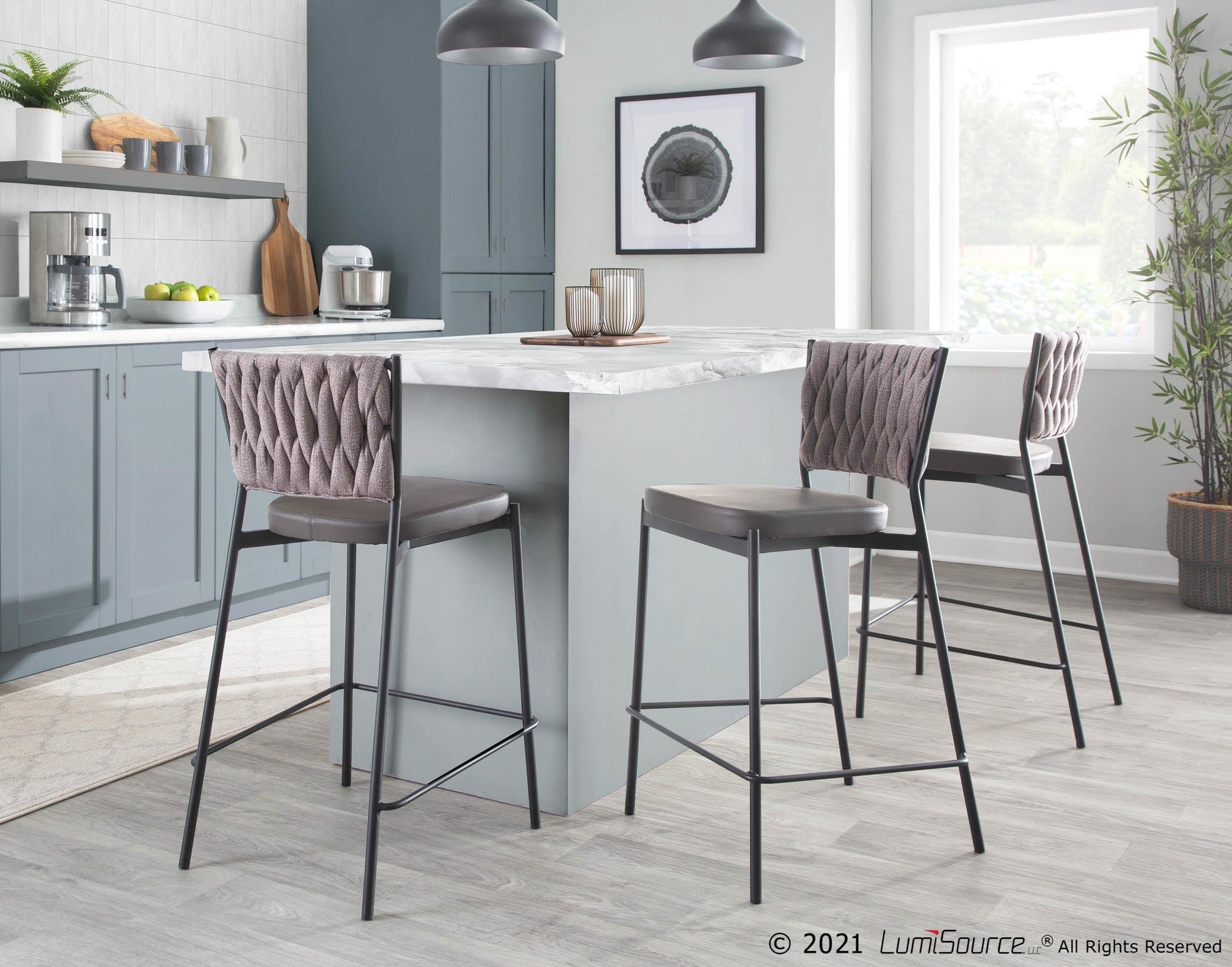 Braided Tania 24" Fixed-Height Counter Stool - Set of 2 - Black Metal, Grey PU, Light Brown Fabric