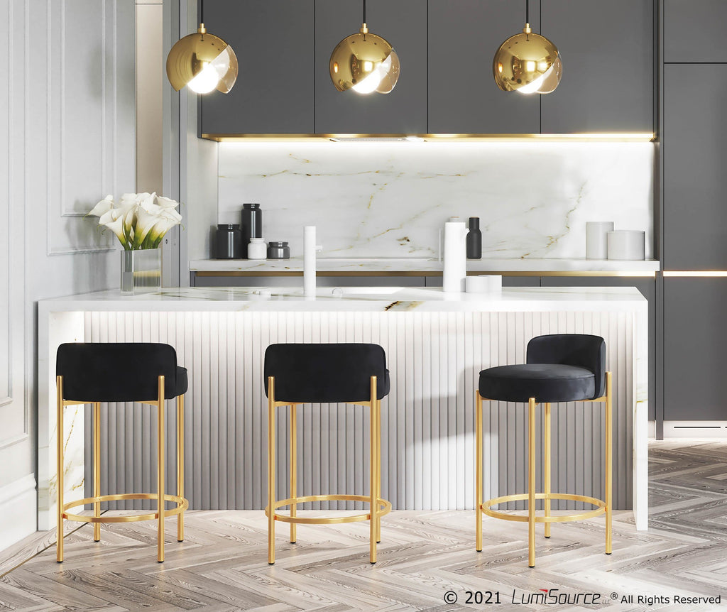 Chloe 26" Fixed-Height Counter Stool - Set of 2 - Gold Metal, Black Velvet