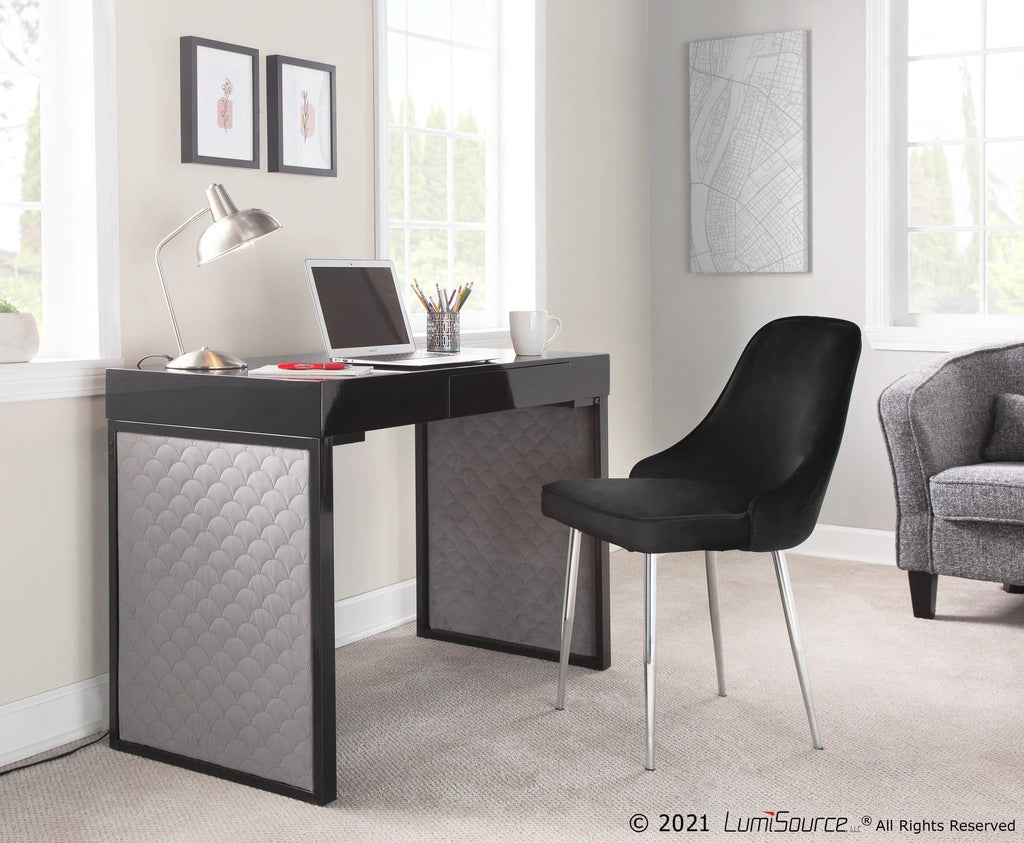 Drift Upholstered Desk - Black Steel, Black MDF, Silver Velvet