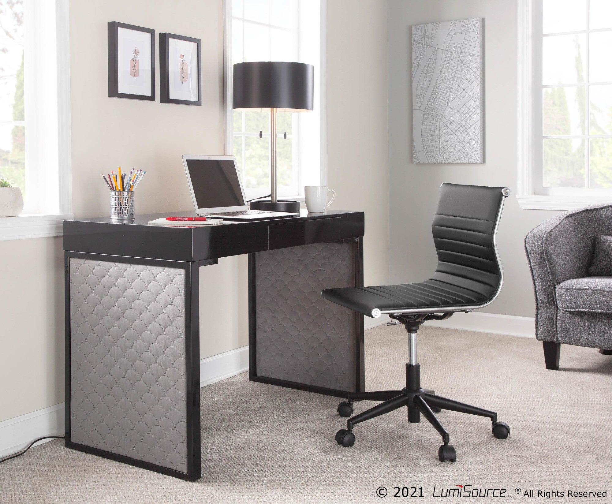 Drift Upholstered Desk - Black Steel, Black MDF, Silver Velvet