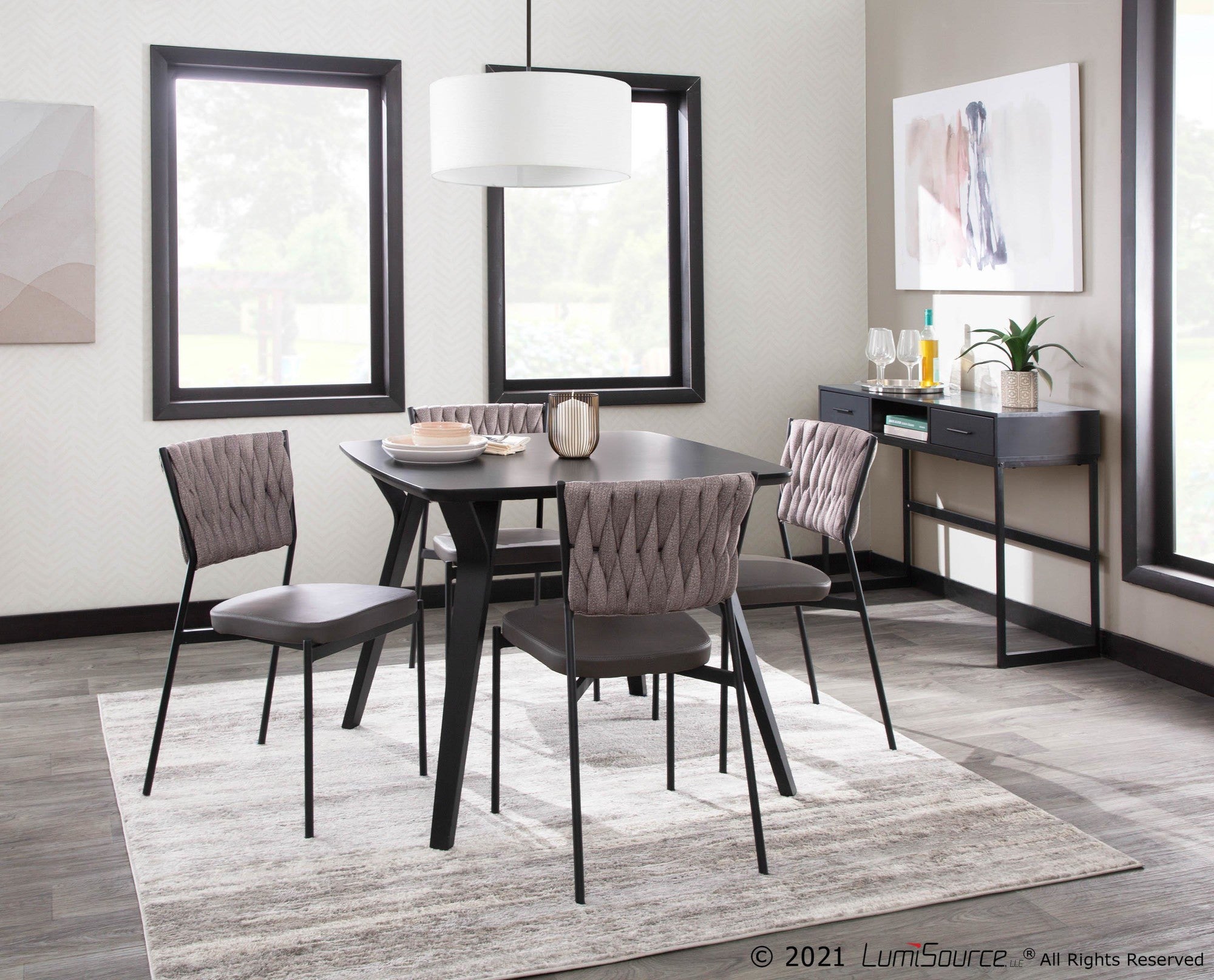 Braided Tania Chair - Set of 2 - Black Metal, Grey PU, Light Brown Fabric