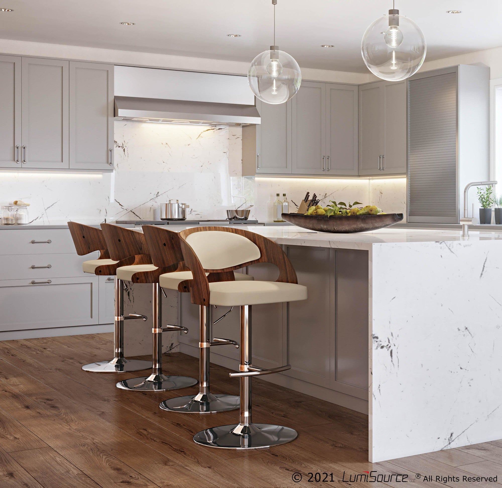Pino Adjustable Barstool - Set of 3 - Chrome Metal, Walnut Wood, Cream PU