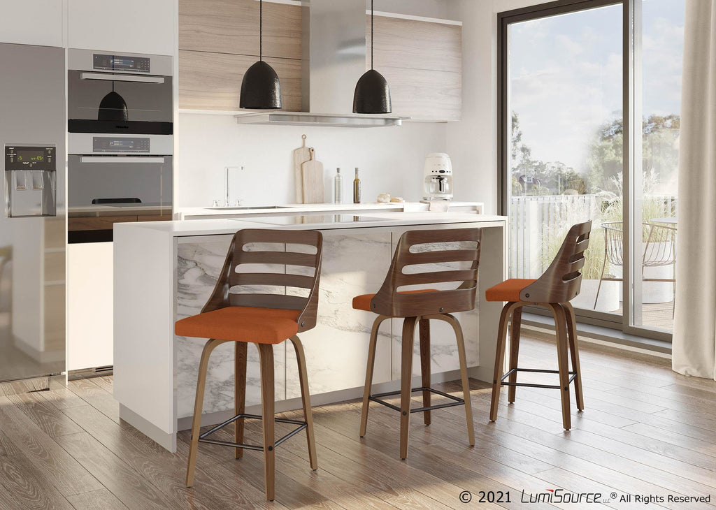 Trevi 26'' Fixed-Height Counter Stool - Set of 2 - Walnut Wood, Orange Fabric, Black Metal