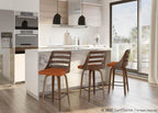 Trevi 26'' Fixed-Height Counter Stool - Set of 2 - Walnut Wood, Orange Fabric, Black Metal