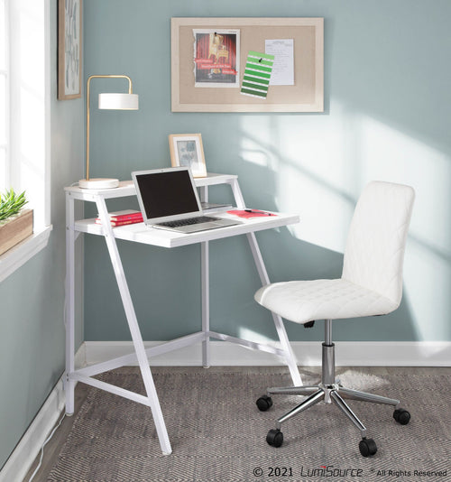 2-tier Office Desk - White Steel, White MDF