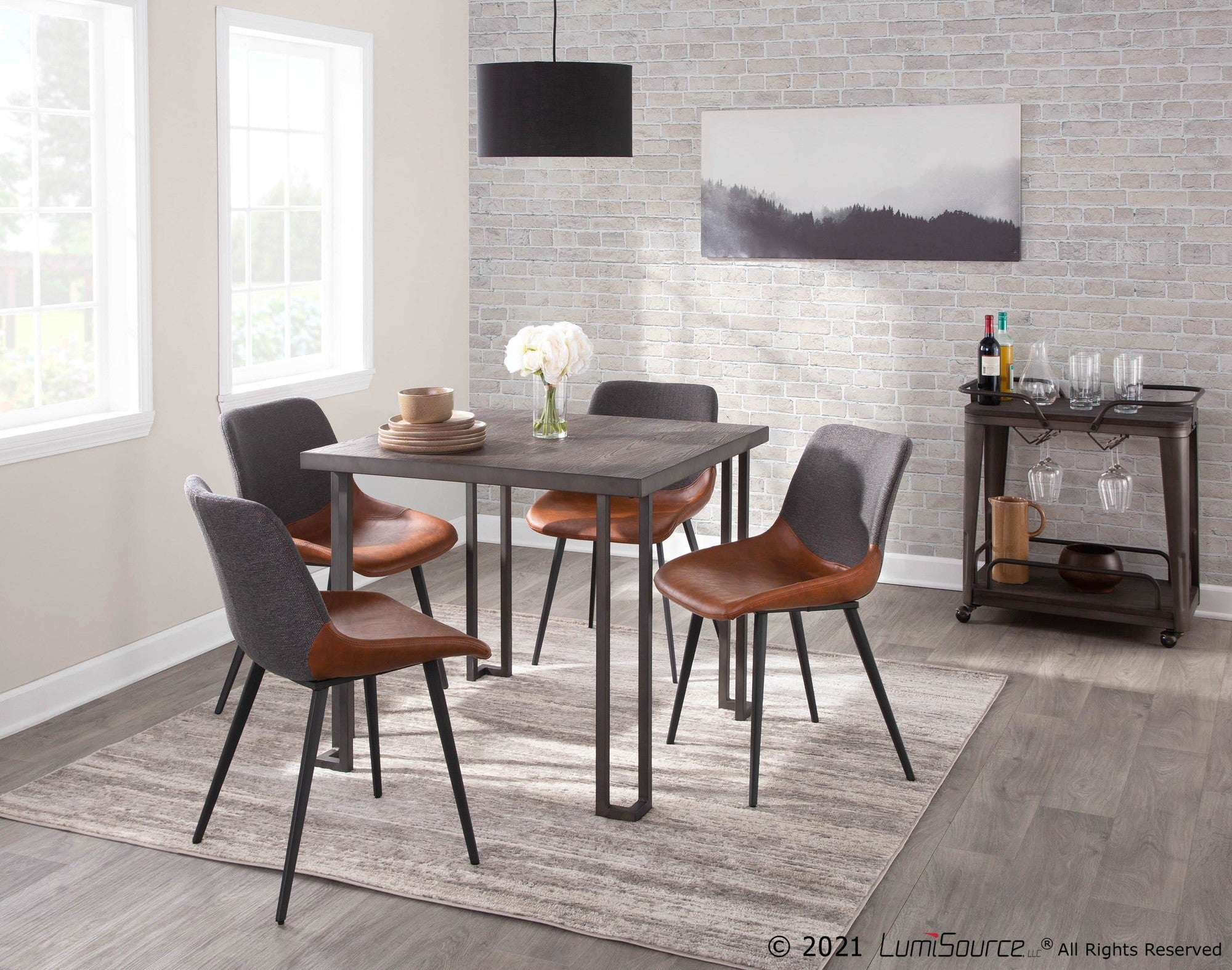 Outlaw Two-tone Chair - Set of 2 - Black Metal, Brown PU, Grey Fabric