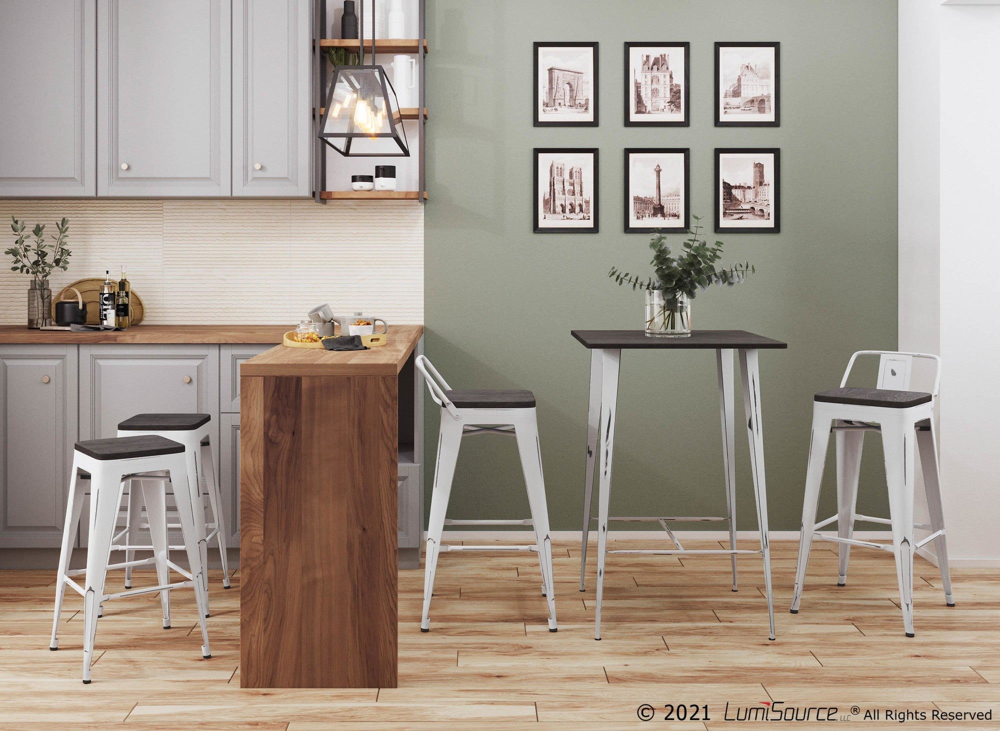 Oregon 30" Fixed-Height Barstool - Set of 2 - Vintage White Metal, Espresso Bamboo