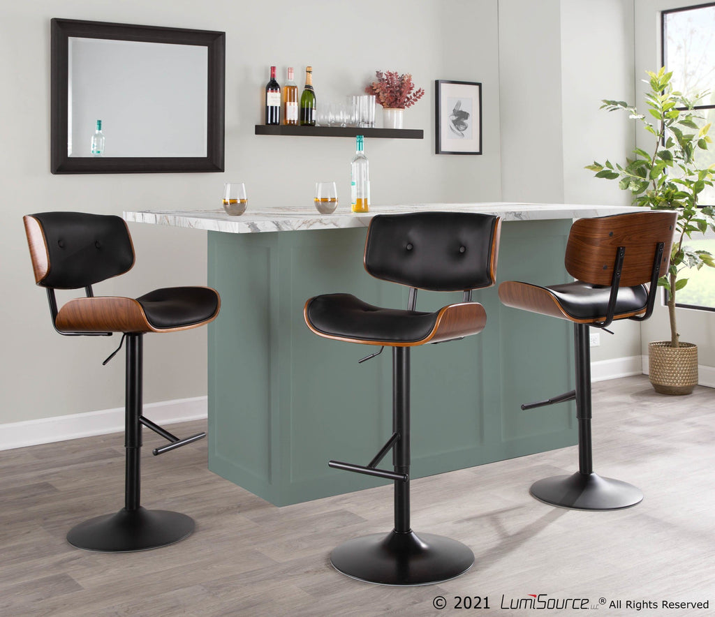 Lombardi Adjustable Barstool - Black Metal, Walnut Wood, Black PU