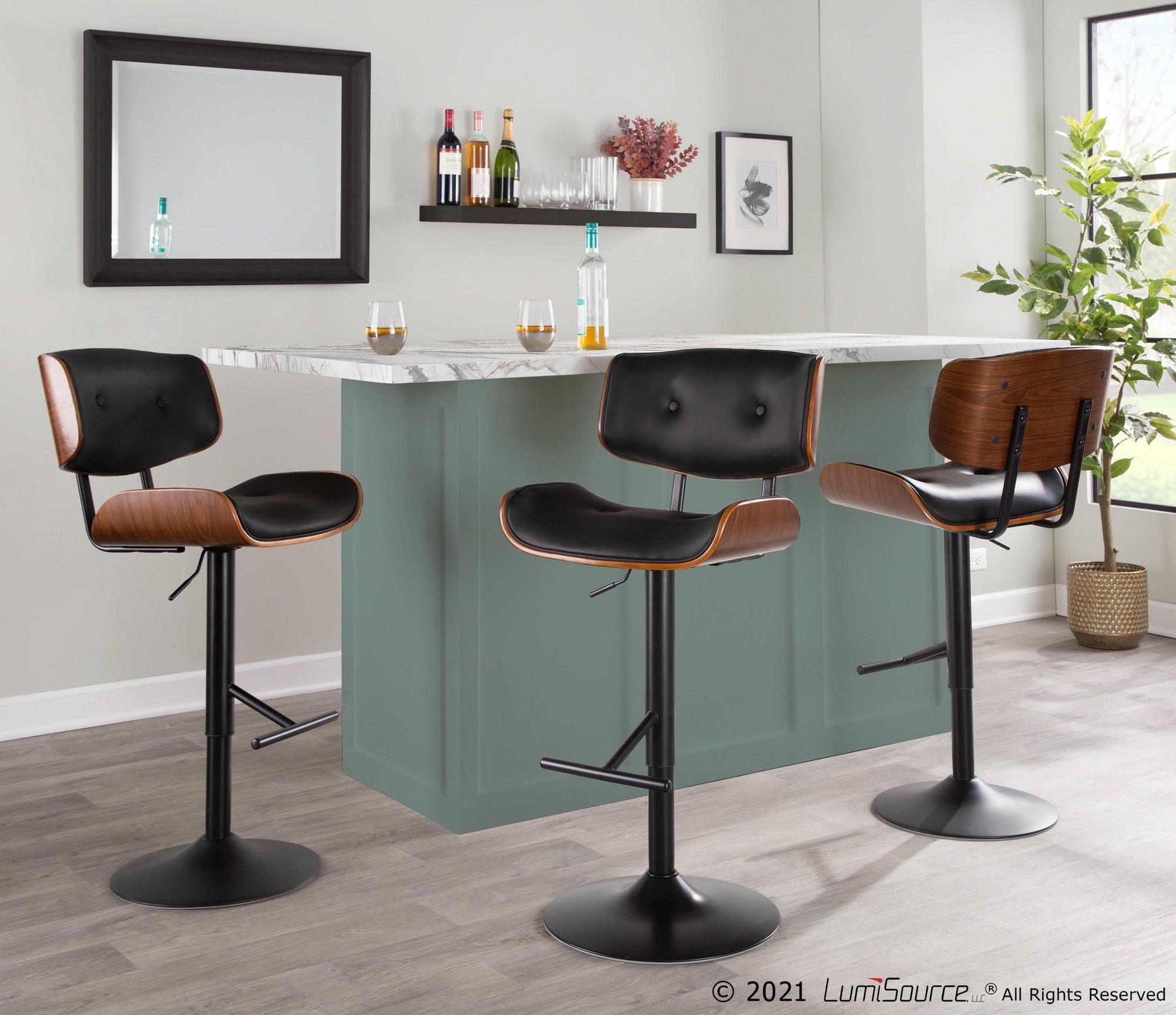 Lombardi Adjustable Barstool - Black Metal, Walnut Wood, Black PU