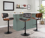 Lombardi Adjustable Barstool - Set of 2 - Black Metal, Walnut Wood, Grey PU