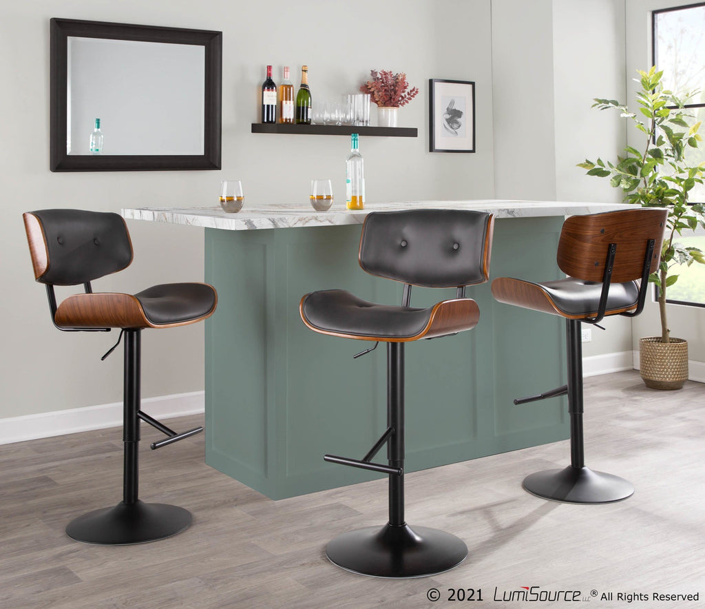 Lombardi Adjustable Barstool - Set of 3 - Black Metal, Walnut Wood, Grey PU