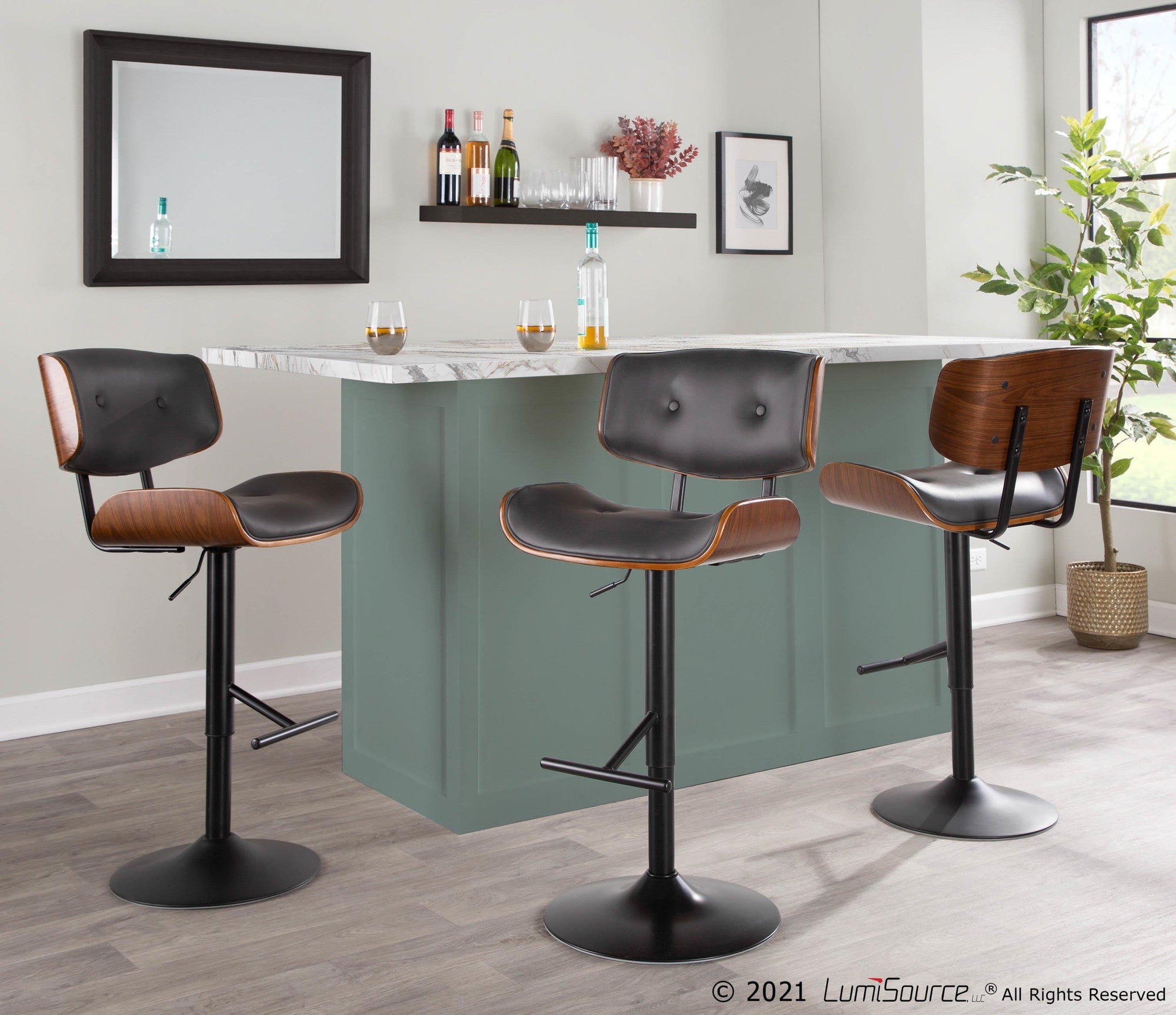Lombardi Adjustable Barstool - Set of 3 - Black Metal, Walnut Wood, Grey PU