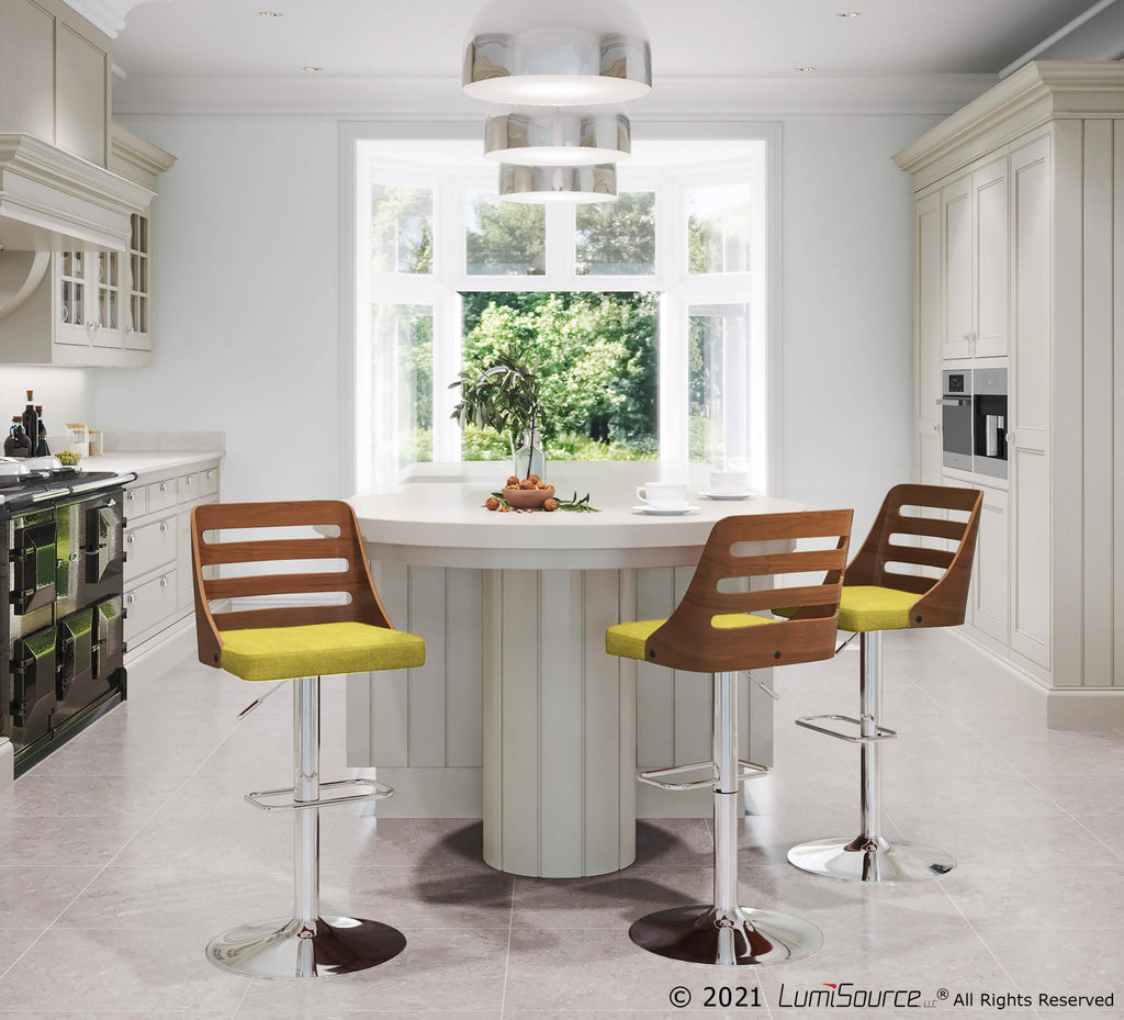 Trevi Adjustable Barstool - Chrome, Walnut Wood, Green Fabric