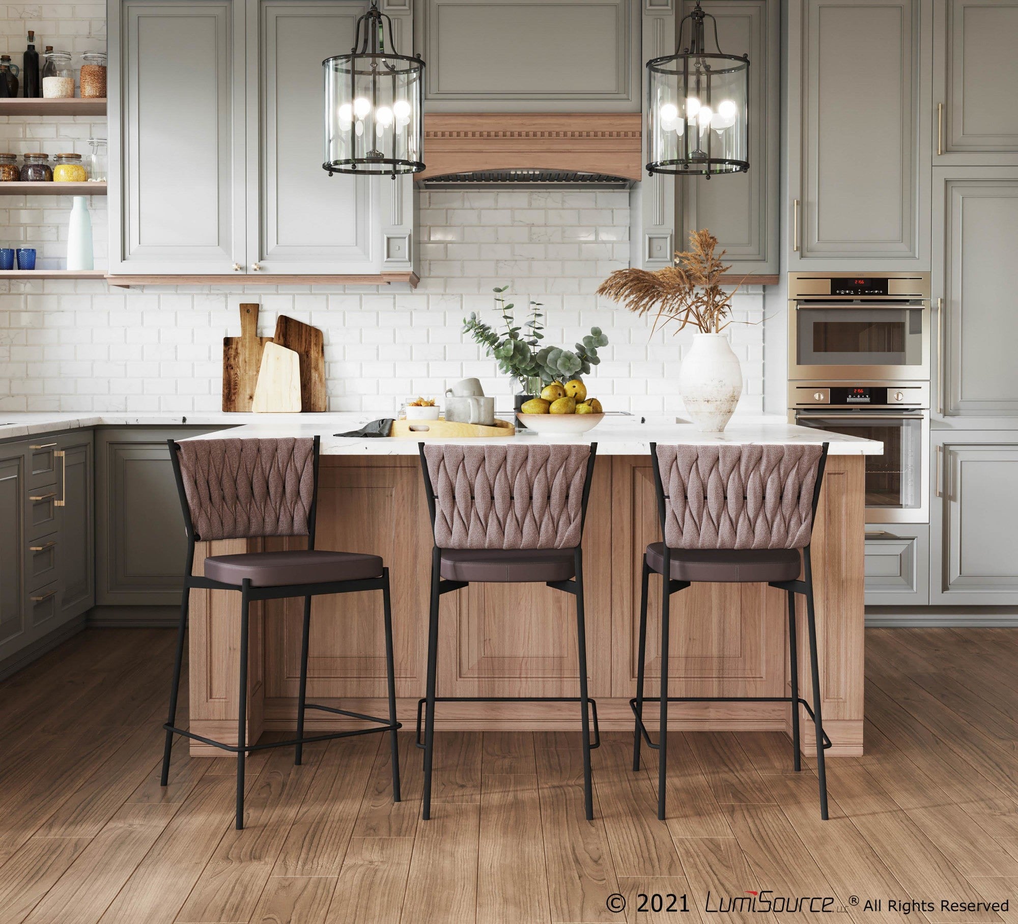 Braided Tania 24" Fixed-Height Counter Stool - Set of 2 - Black Metal, Grey PU, Light Brown Fabric