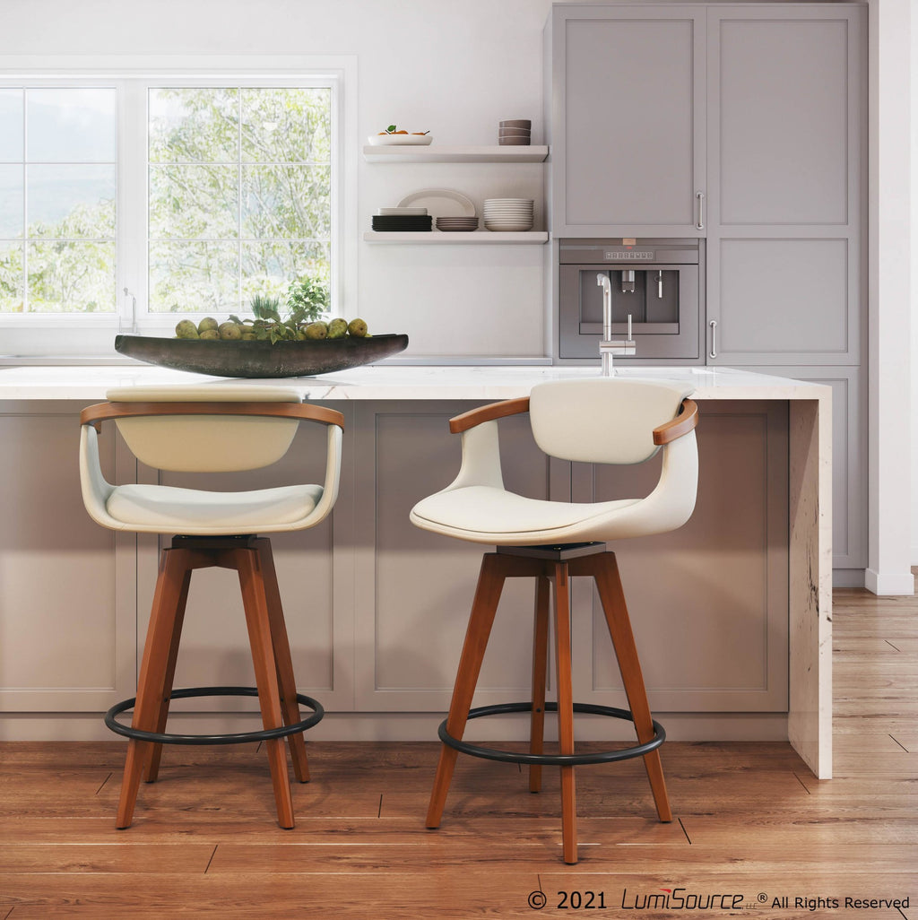 Oracle 26" Fixed-Height Counter Stool - Walnut Bamboo, Black Metal, Cream PU