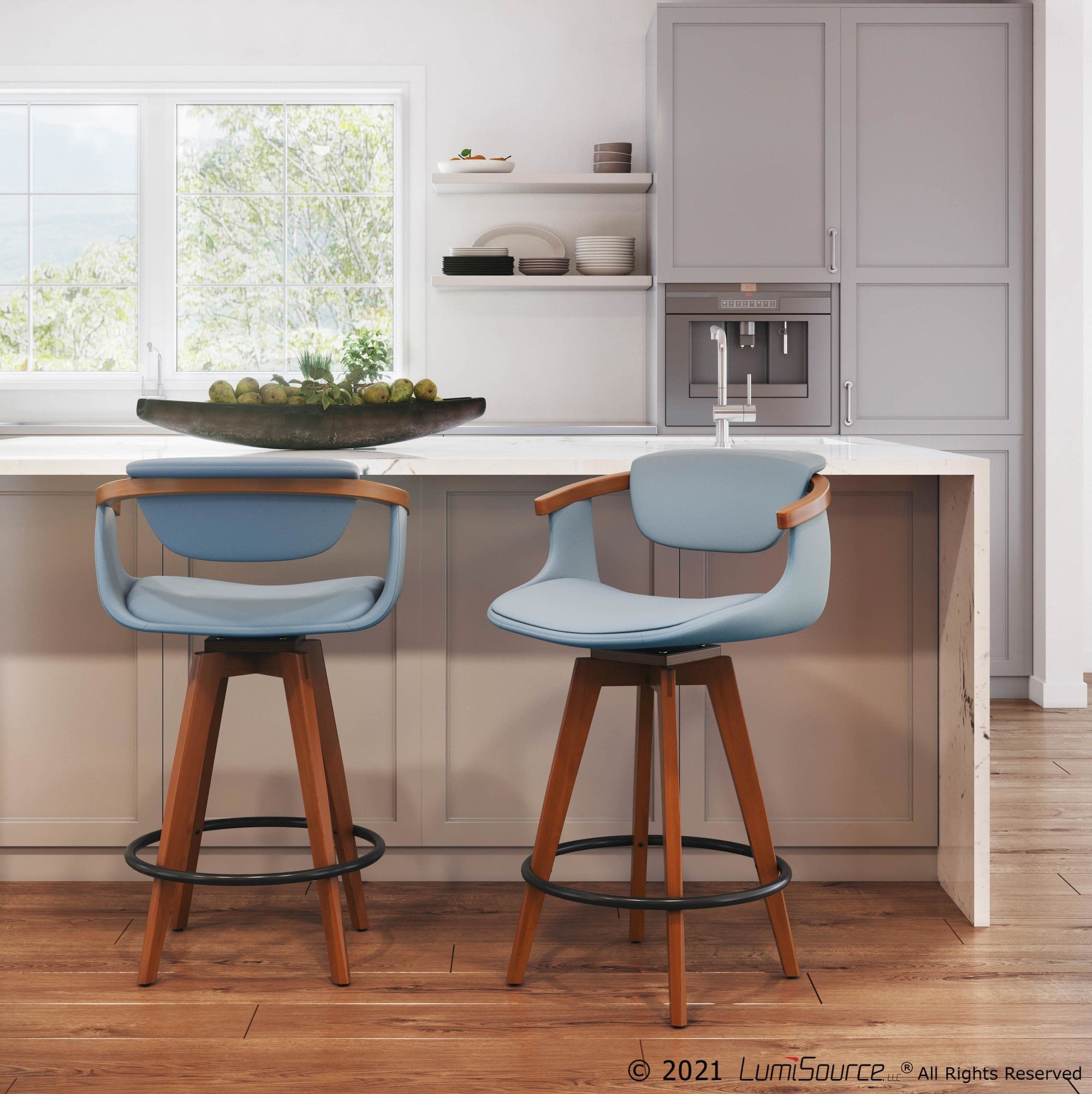 Oracle 26" Fixed-Height Counter Stool - Walnut Bamboo, Black Metal, Grey PU