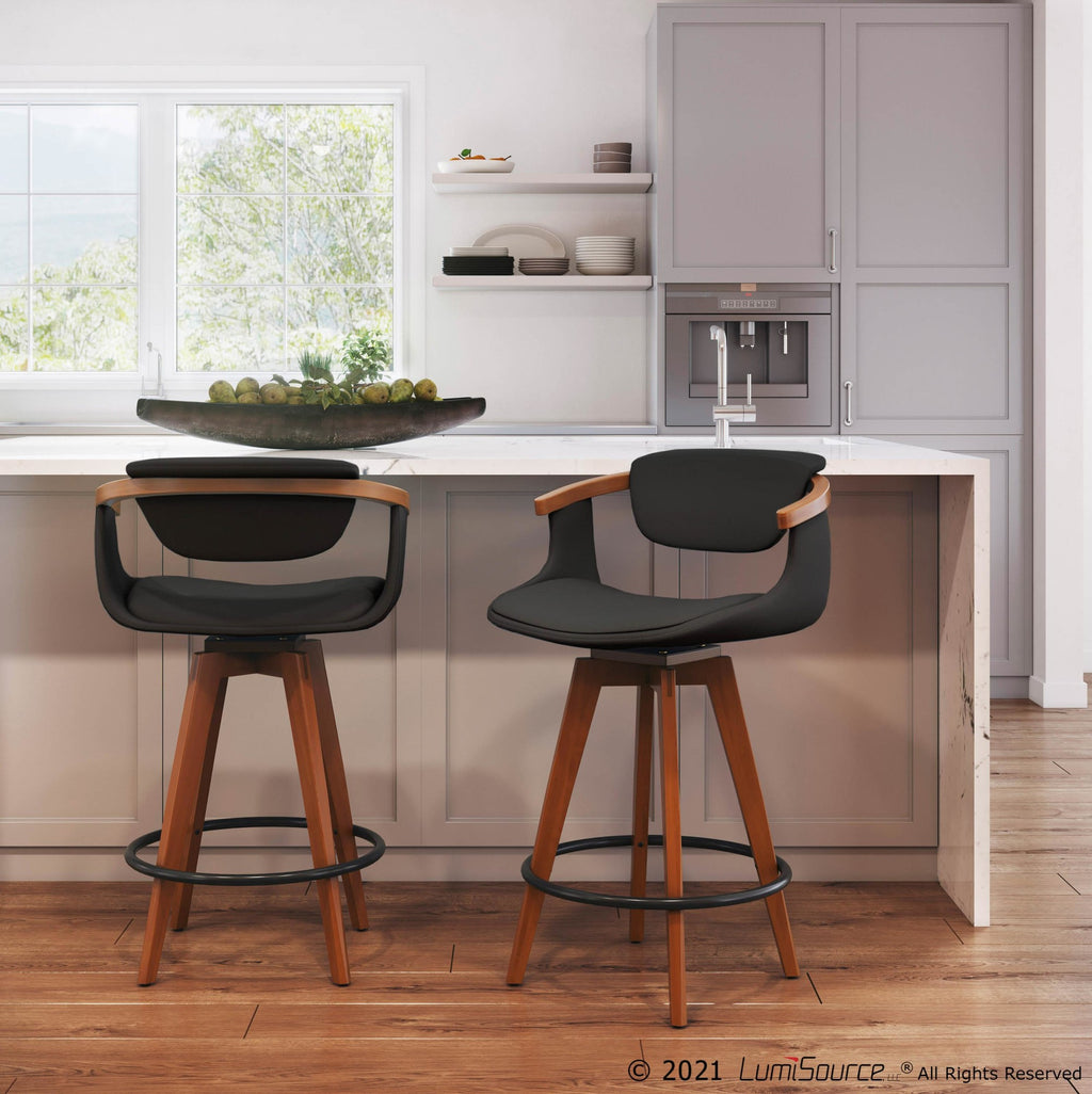 Oracle 26" Fixed-Height Counter Stool - Walnut Bamboo, Black Metal, Black PU