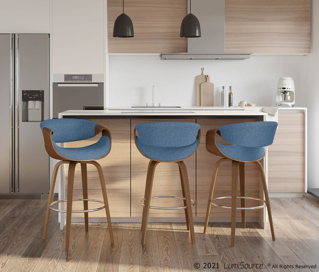 Curvini 30'' Fixed-Height Barstool - Set of 2 - Walnut Wood, Blue Fabric, Chrome