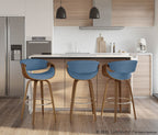 Curvini 30'' Fixed-Height Barstool - Set of 2 - Walnut Wood, Blue Fabric, Chrome