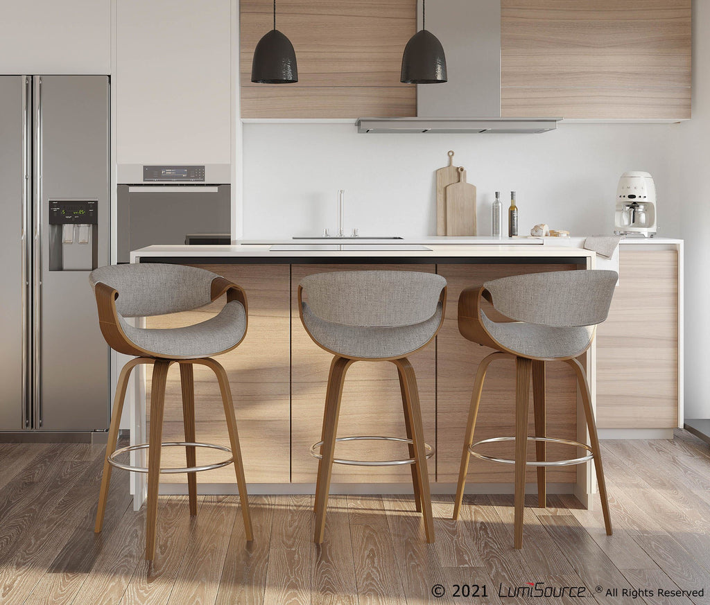 Curvini 30'' Fixed-Height Barstool - Set of 2 - Walnut Wood, Grey Fabric, Chrome