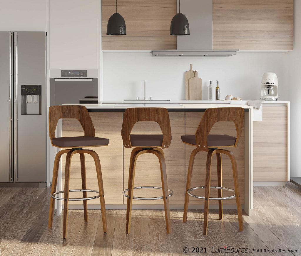 Trilogy 30" Fixed-Height Barstool - Set of 2 - Walnut Wood, Brown PU, Chrome