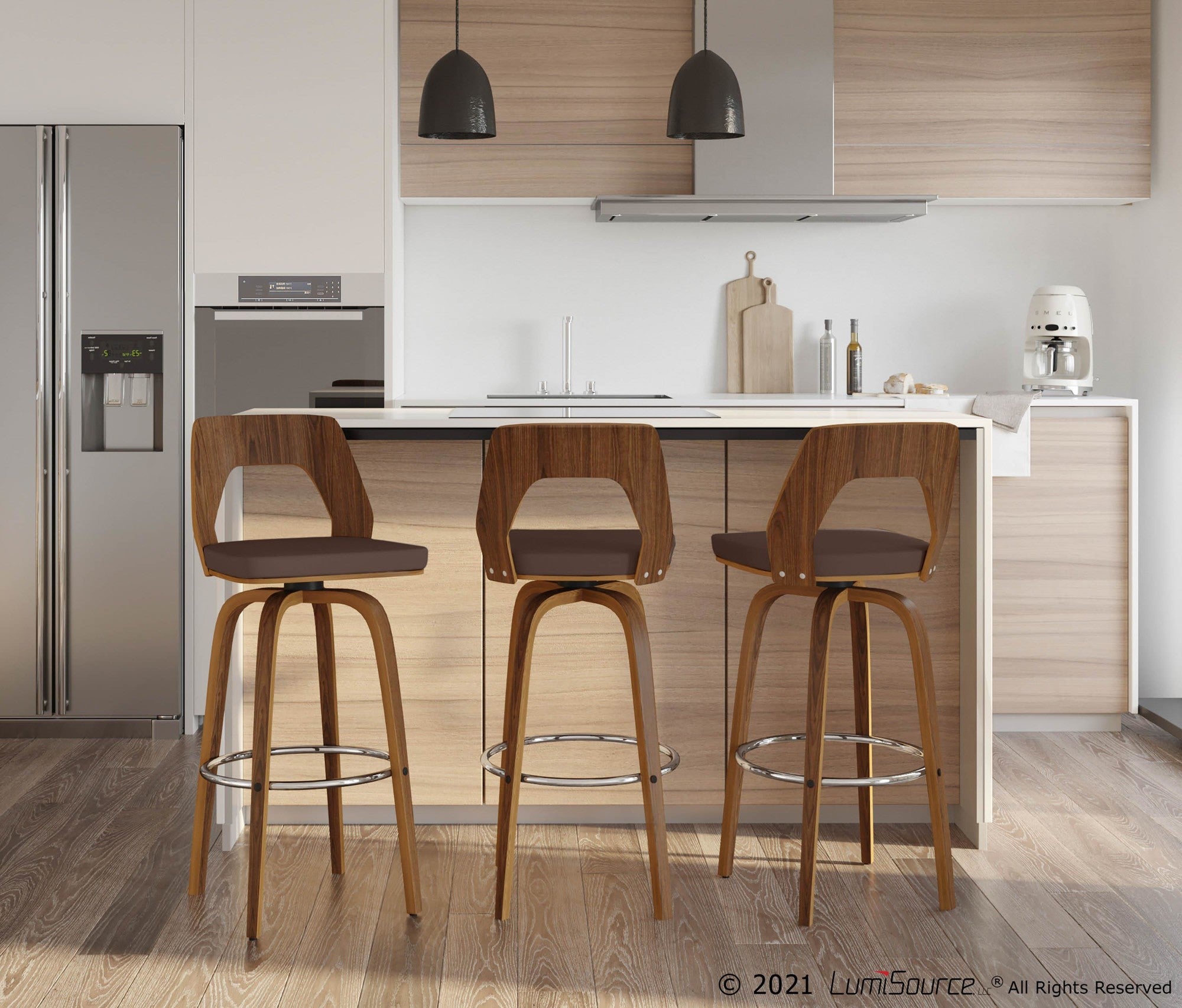Trilogy 30" Fixed-Height Barstool - Set of 2 - Walnut Wood, Brown PU, Chrome