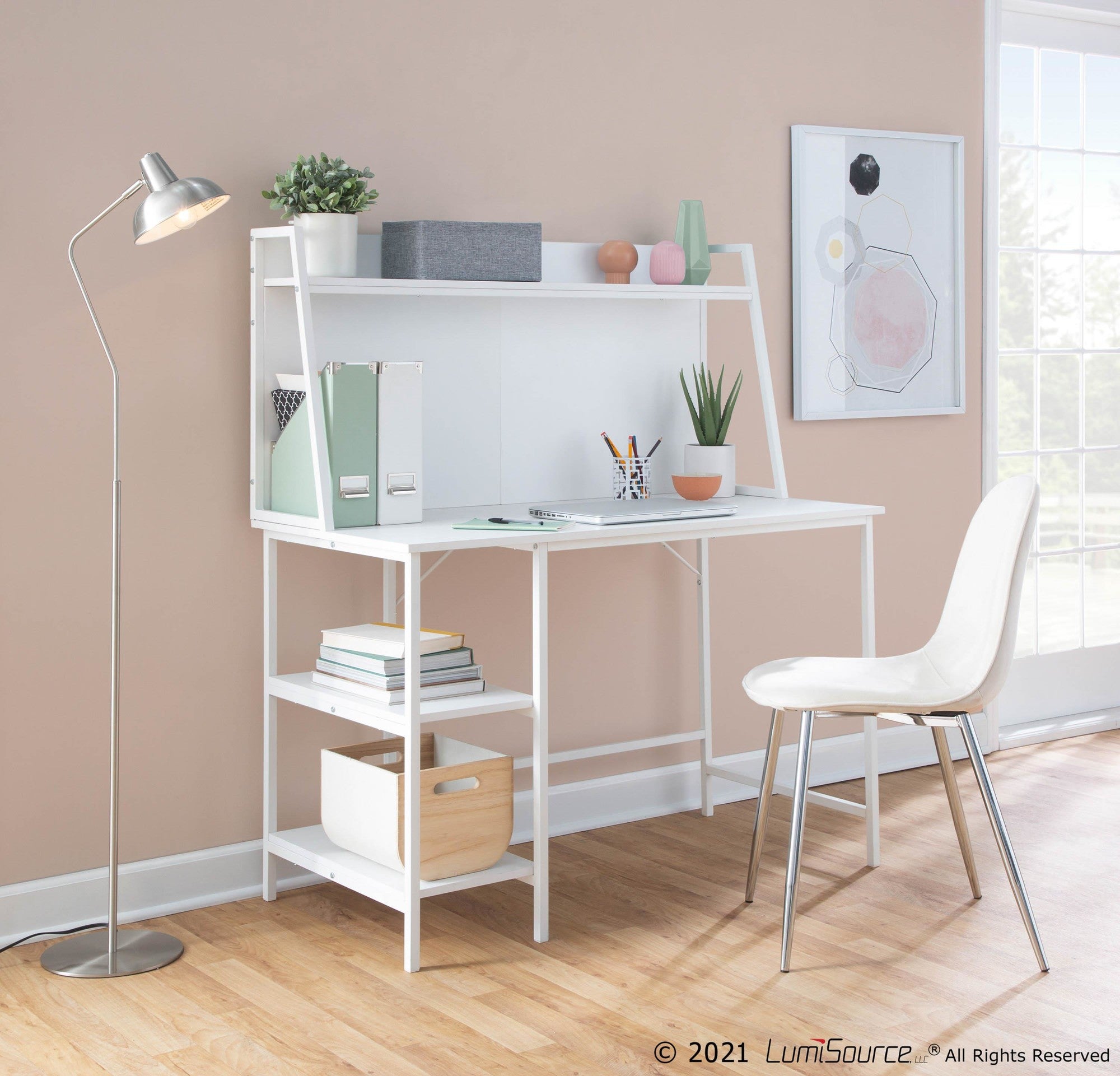 Geo Shelf Desk - White Steel, White MDF