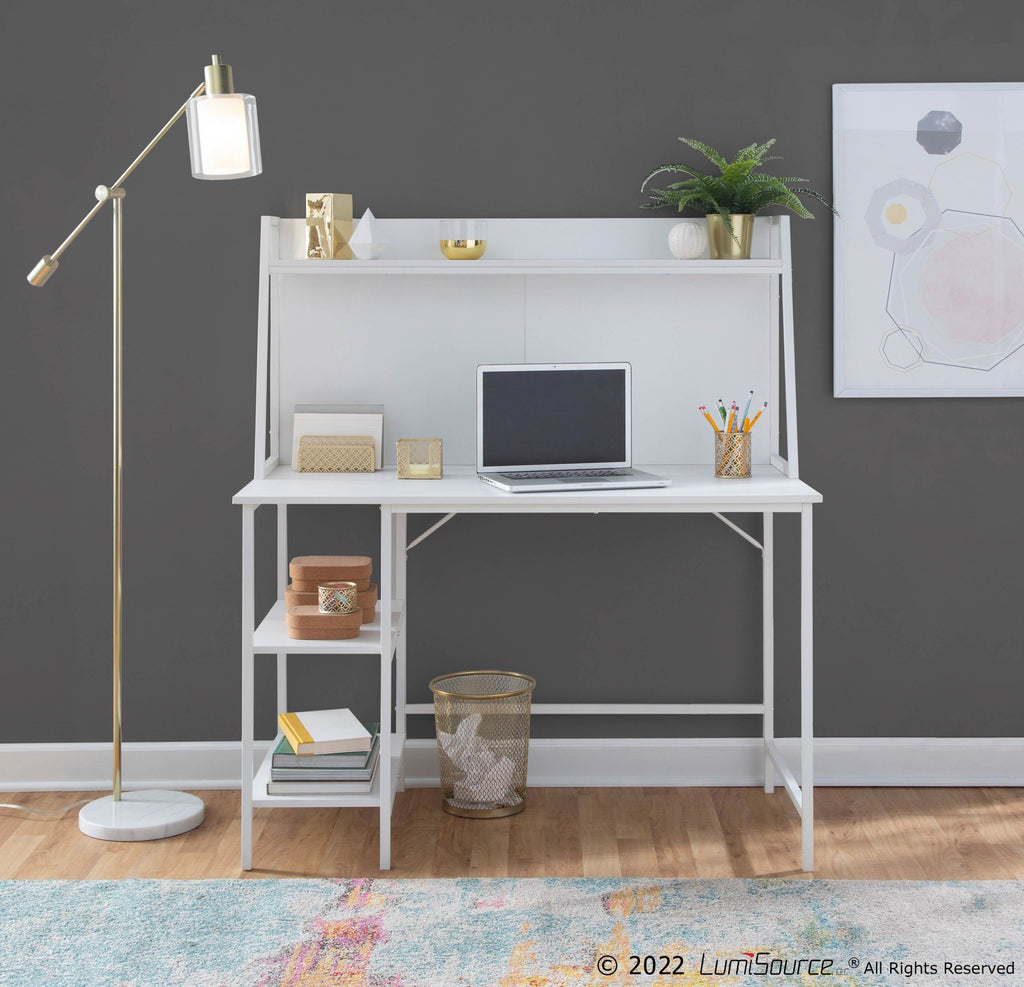 Geo Shelf Desk - White Steel, White MDF
