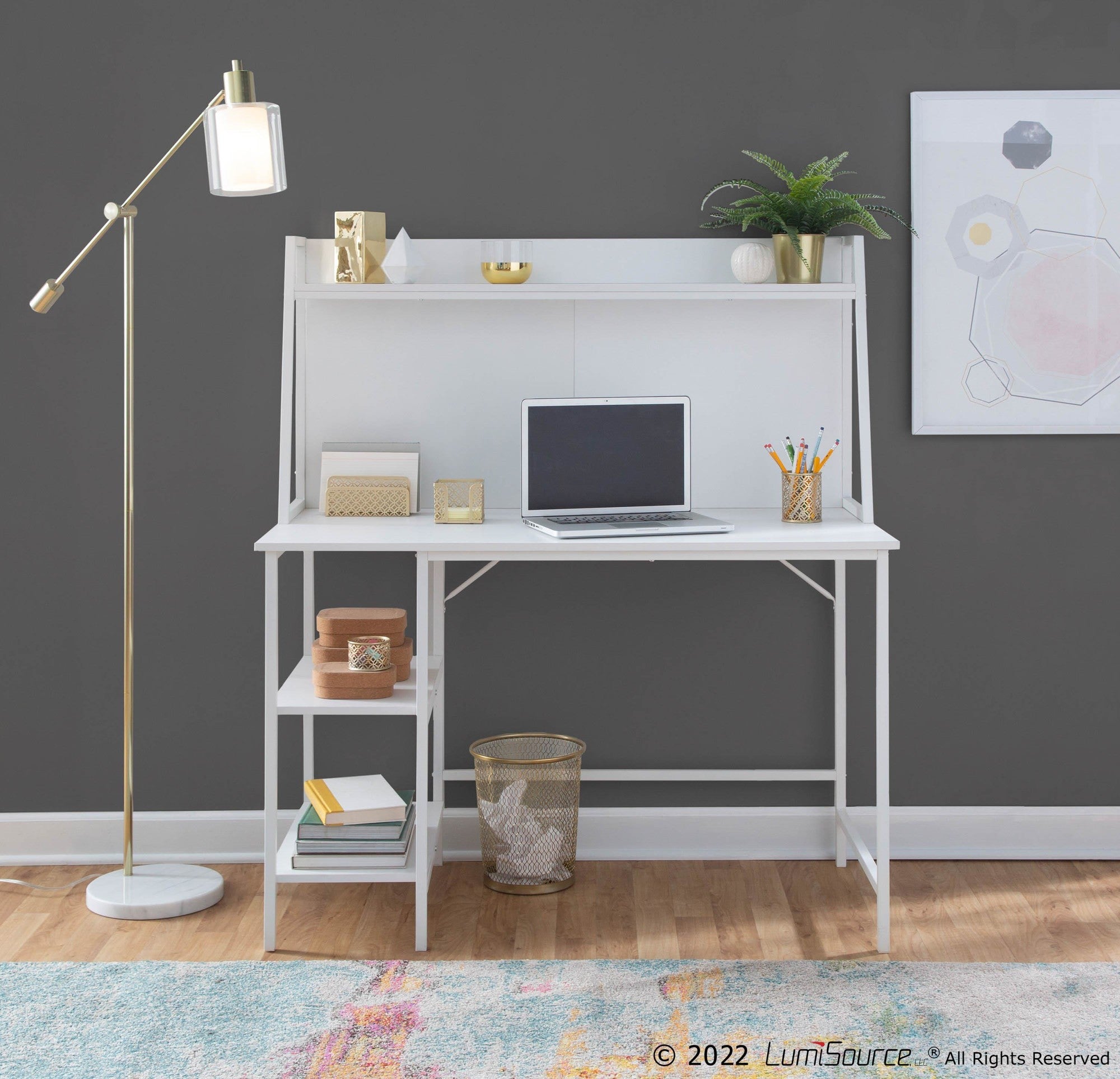 Geo Shelf Desk - White Steel, White MDF
