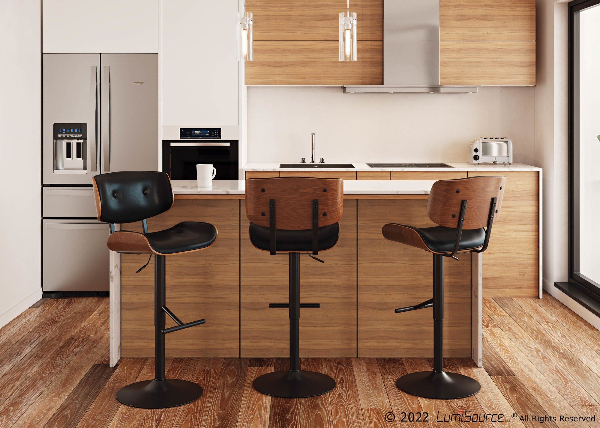 Lombardi Adjustable Barstool - Set of 3 - Black Metal, Walnut Wood, Black PU