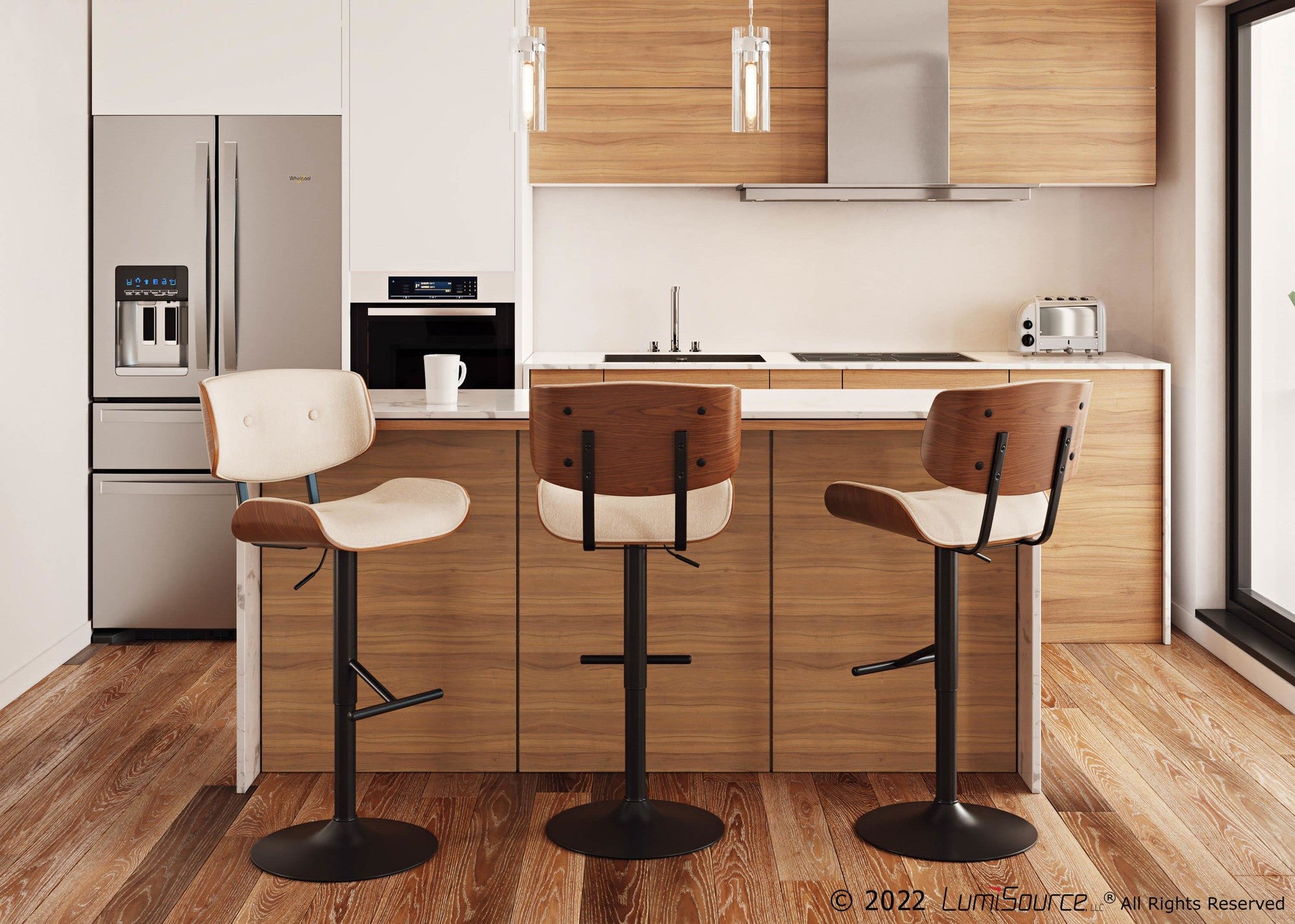 Lombardi Adjustable Barstool - Set of 3 - Black Metal, Walnut Wood, Cream PU