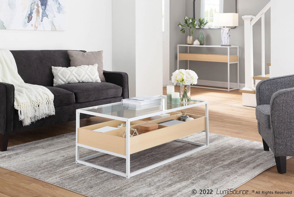 Display Console Table - White Steel, Natural Wood, Clear Glass