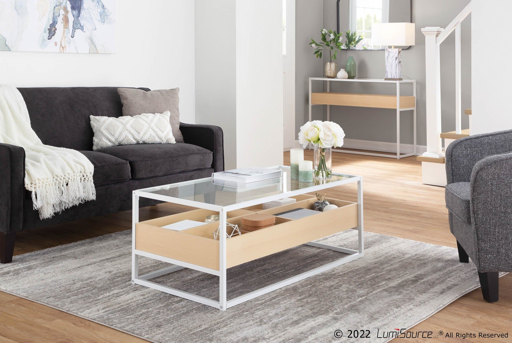 Display Console Table - White Steel, Natural Wood, Clear Glass