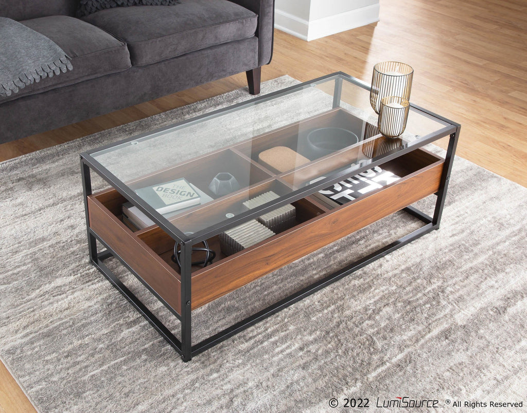 Display Coffee Table - Black Steel, Walnut Wood, Clear Glass